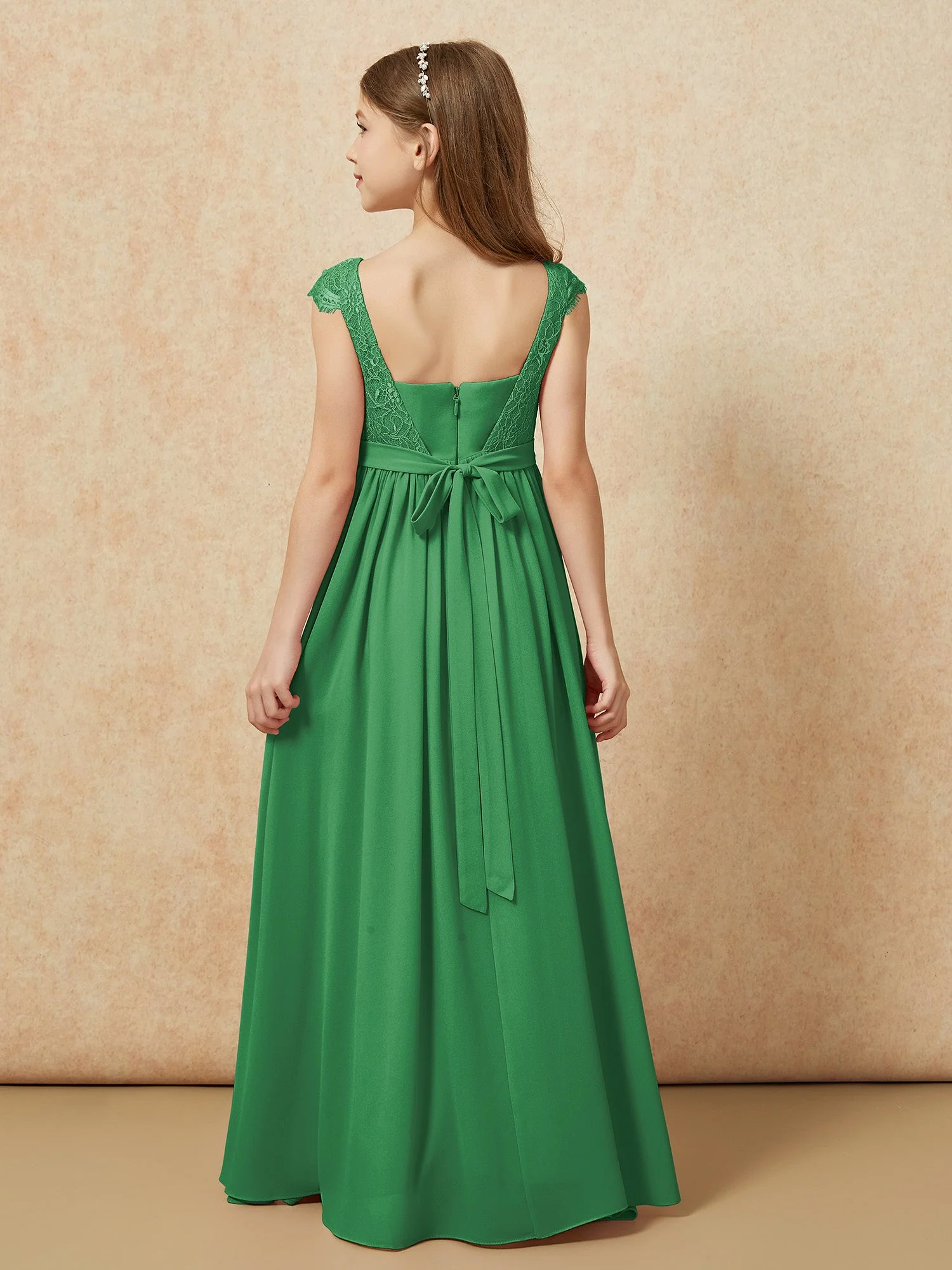 Flügelärmel Spitze Chiffon Junge Brautjungfernkleider Smaragd - Image 2