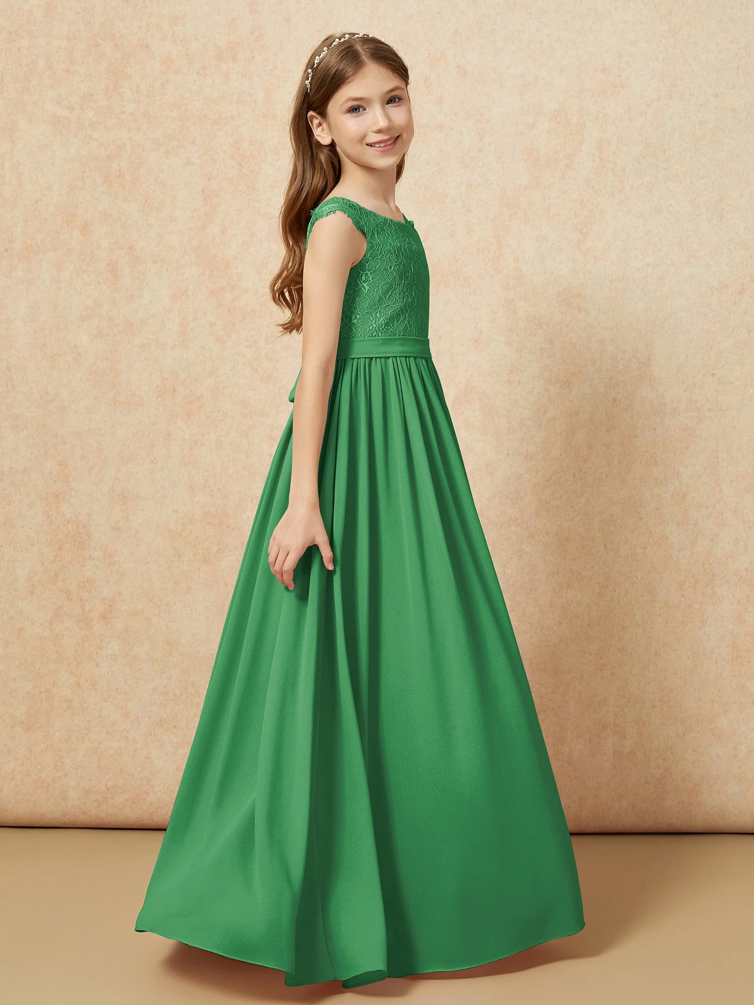 Flügelärmel Spitze Chiffon Junge Brautjungfernkleider Smaragd - Image 3