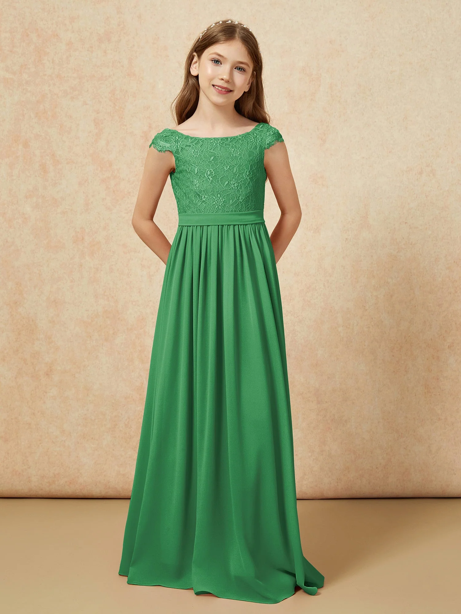Flügelärmel Spitze Chiffon Junge Brautjungfernkleider Smaragd - Image 4