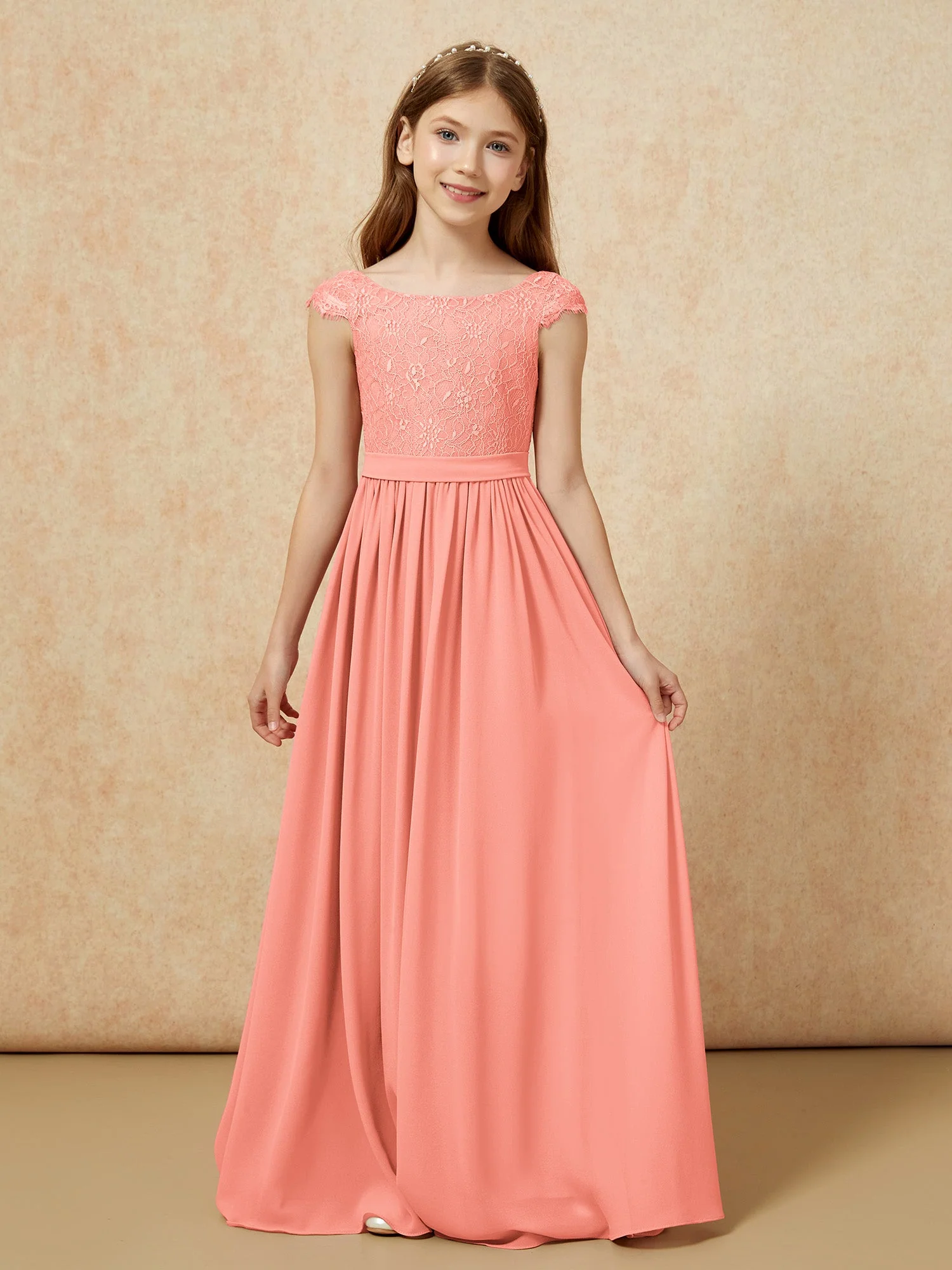 Flügelärmel Spitze Chiffon Junge Brautjungfernkleider Sonnenuntergang