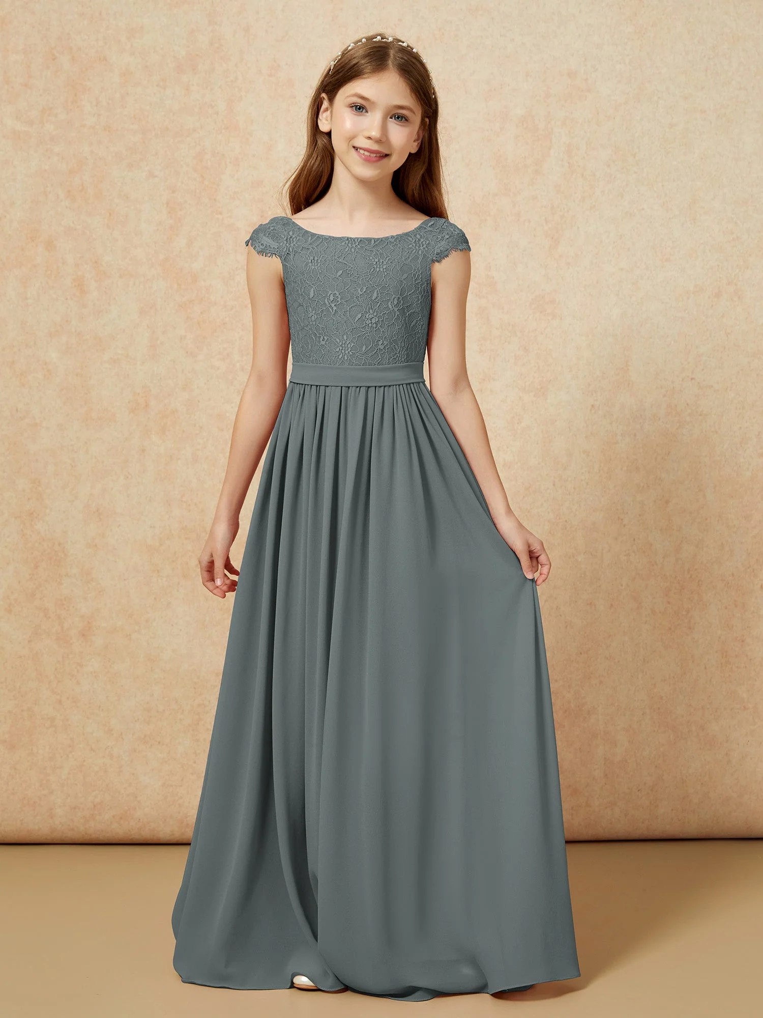 Flügelärmel Spitze Chiffon Junge Brautjungfernkleider Stahlgrau