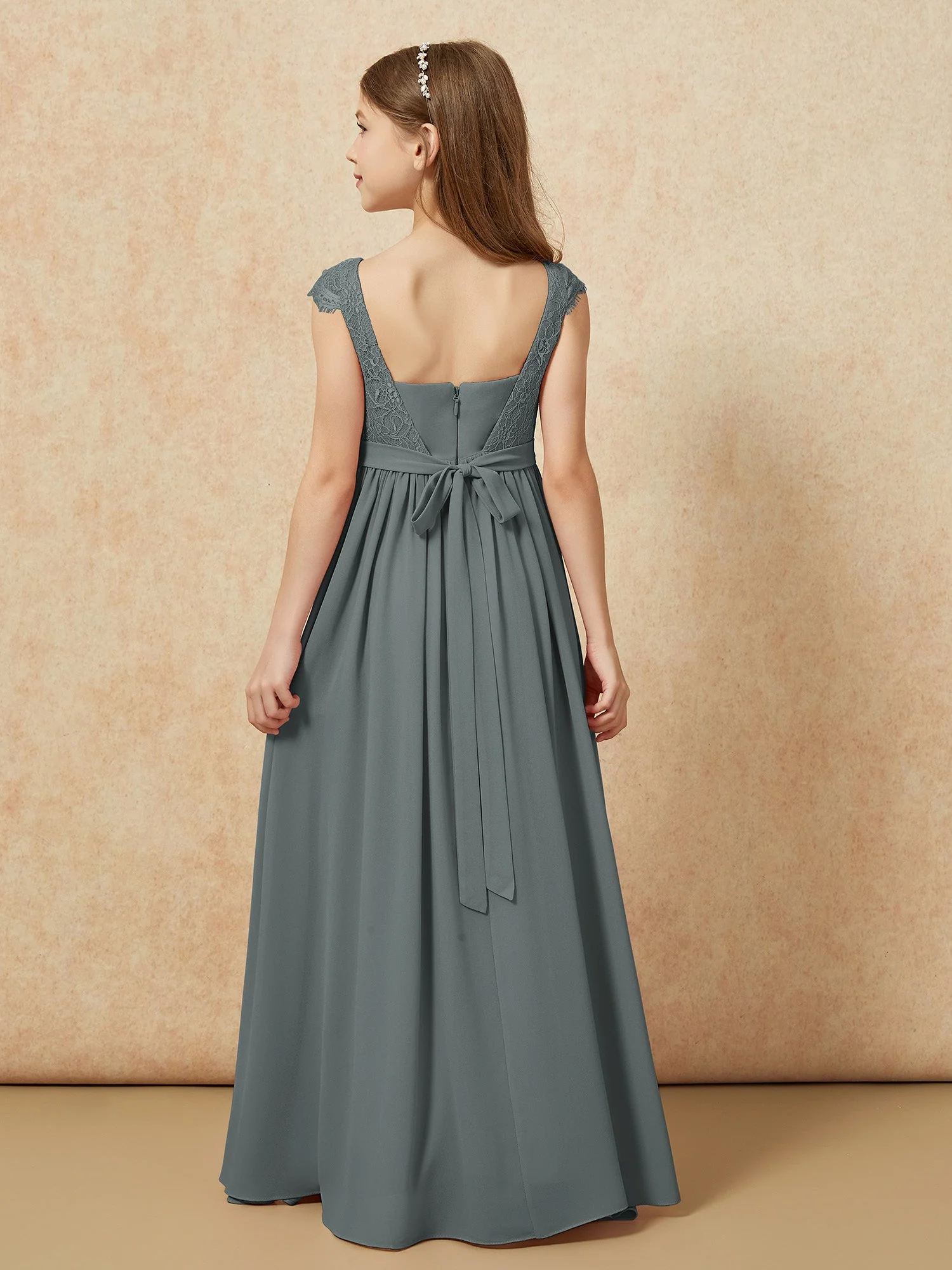 Flügelärmel Spitze Chiffon Junge Brautjungfernkleider Stahlgrau - Image 2