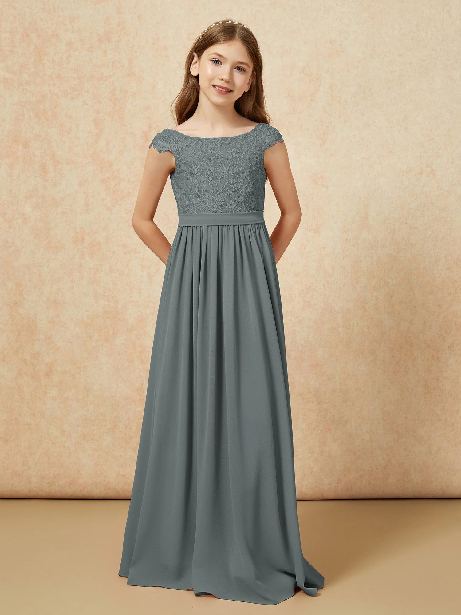 Flügelärmel Spitze Chiffon Junge Brautjungfernkleider Stahlgrau - Image 4