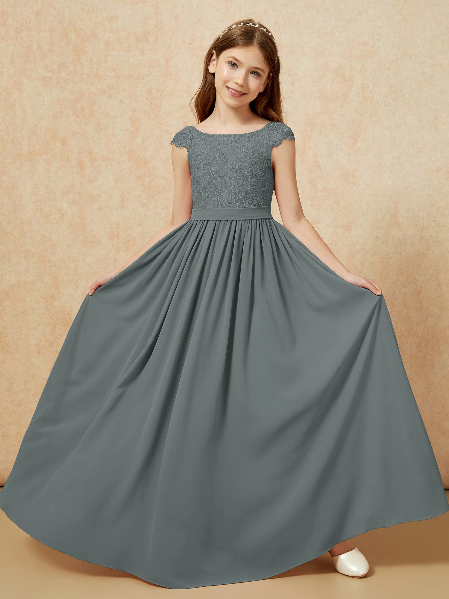 Flügelärmel Spitze Chiffon Junge Brautjungfernkleider Stahlgrau - Image 5