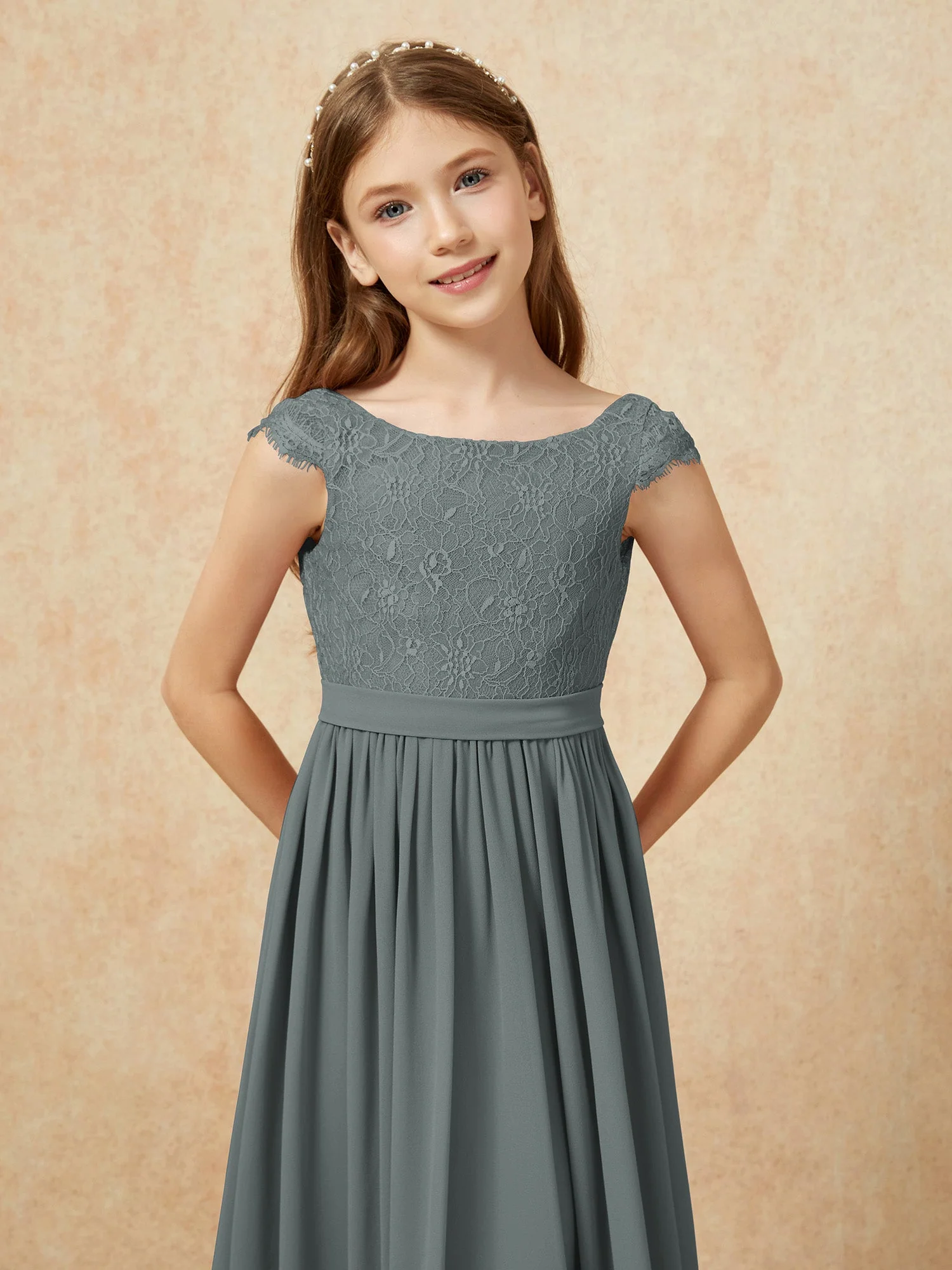 Flügelärmel Spitze Chiffon Junge Brautjungfernkleider Stahlgrau - Image 6