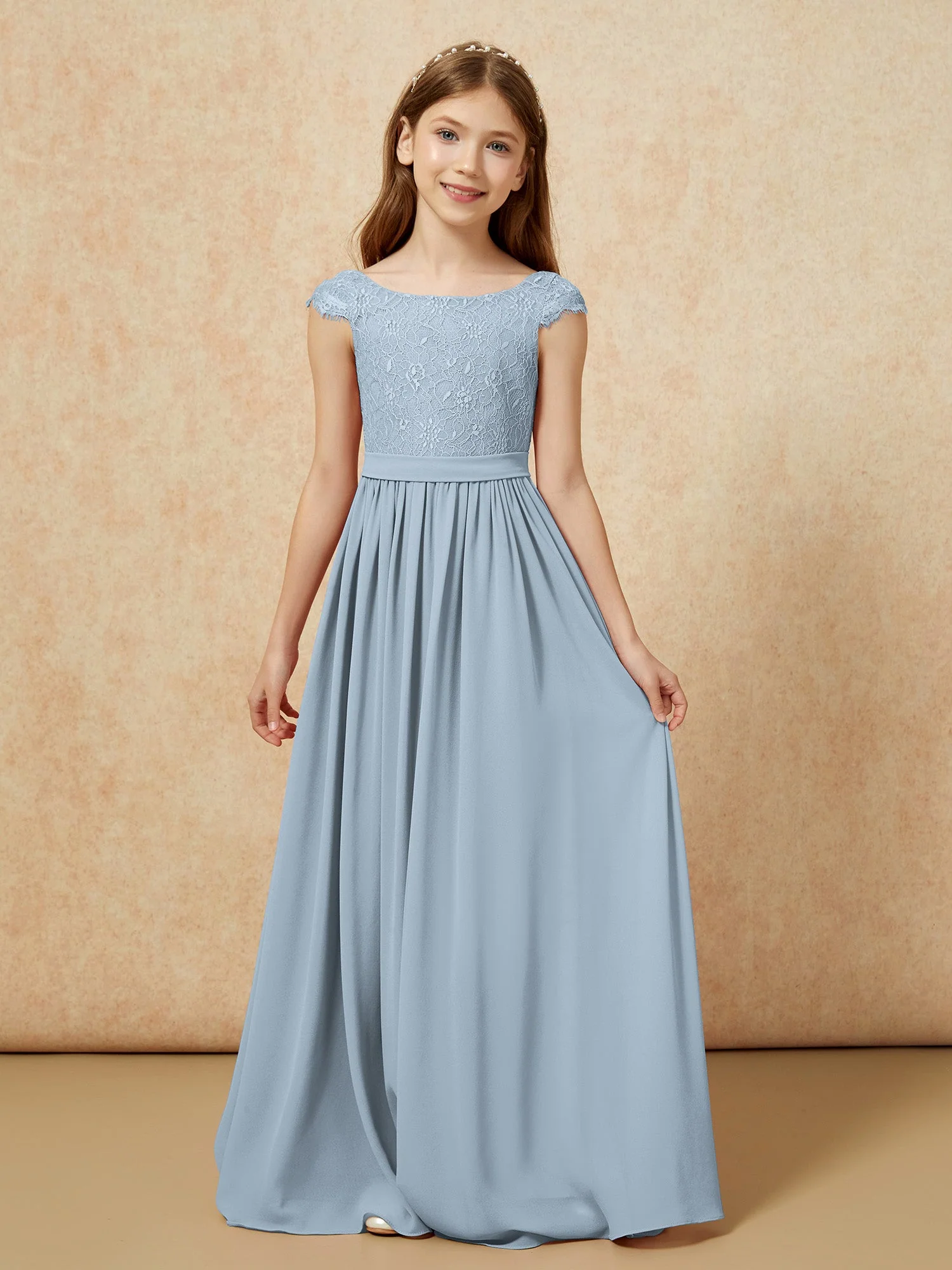 Flügelärmel Spitze Chiffon Junge Brautjungfernkleider Staubiges Blau