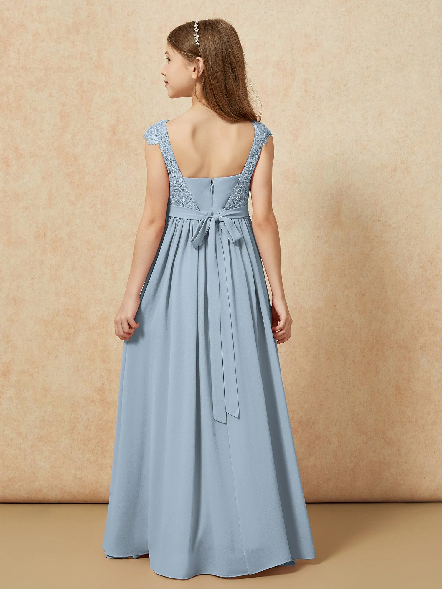 Flügelärmel Spitze Chiffon Junge Brautjungfernkleider Staubiges Blau - Image 2