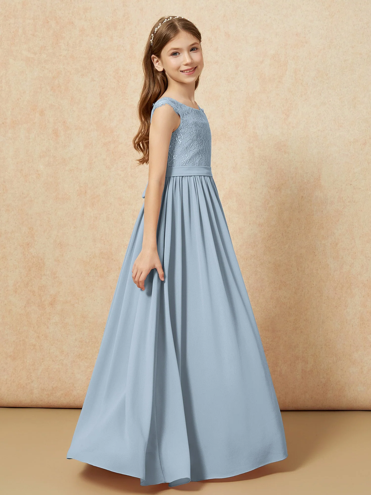 Flügelärmel Spitze Chiffon Junge Brautjungfernkleider Staubiges Blau - Image 3