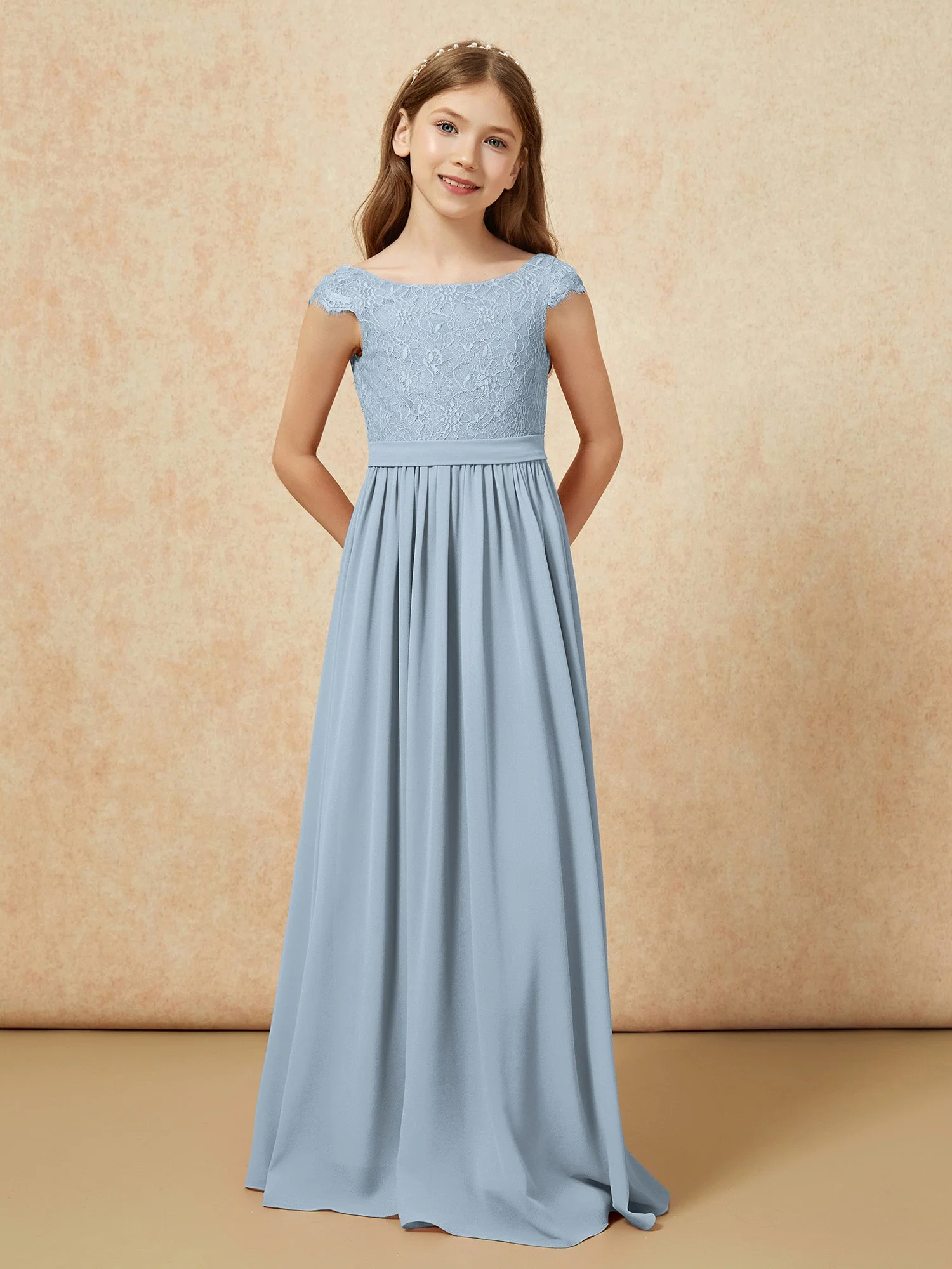 Flügelärmel Spitze Chiffon Junge Brautjungfernkleider Staubiges Blau - Image 4