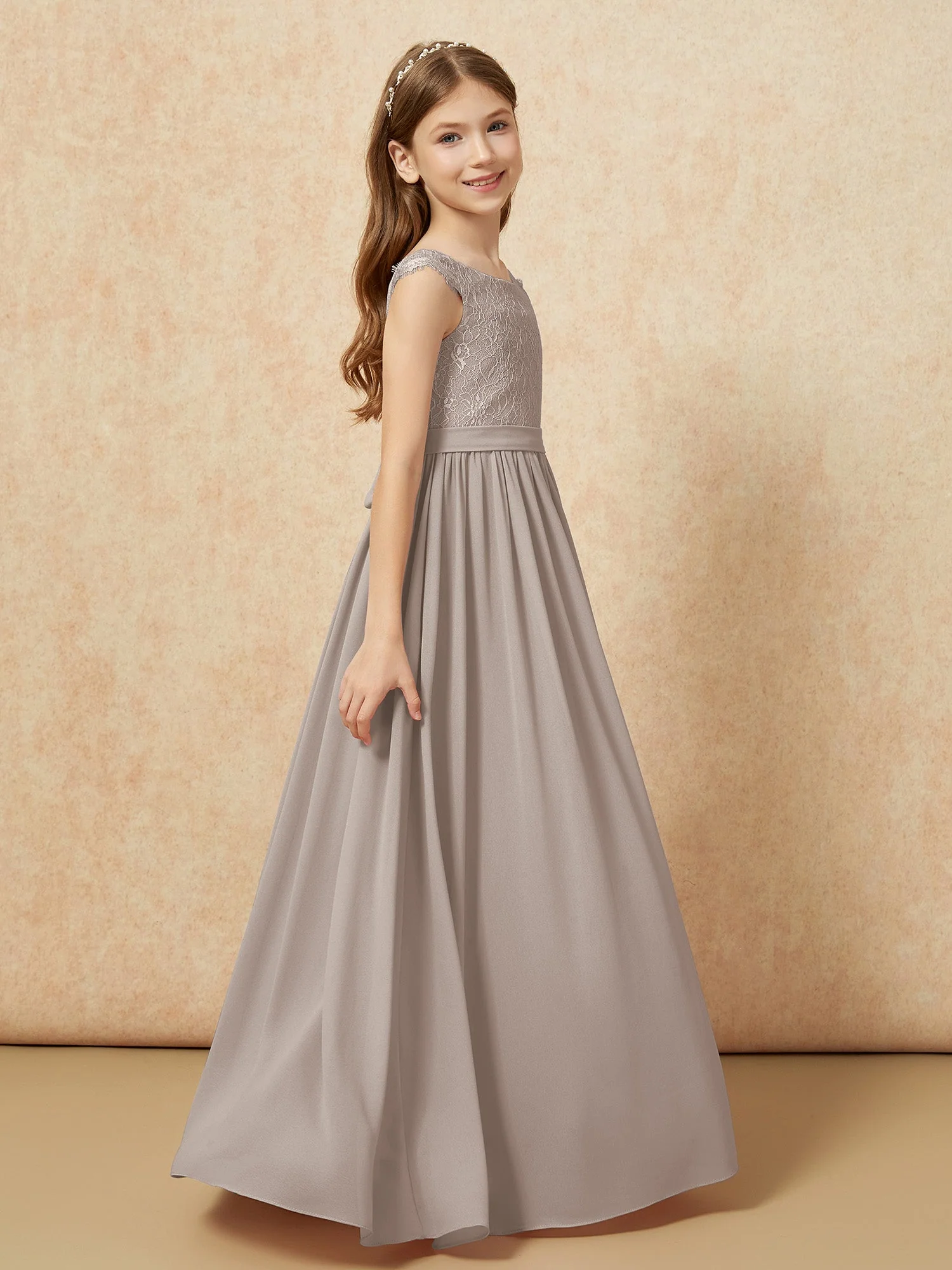 Flügelärmel Spitze Chiffon Junge Brautjungfernkleider Taupe - Image 3