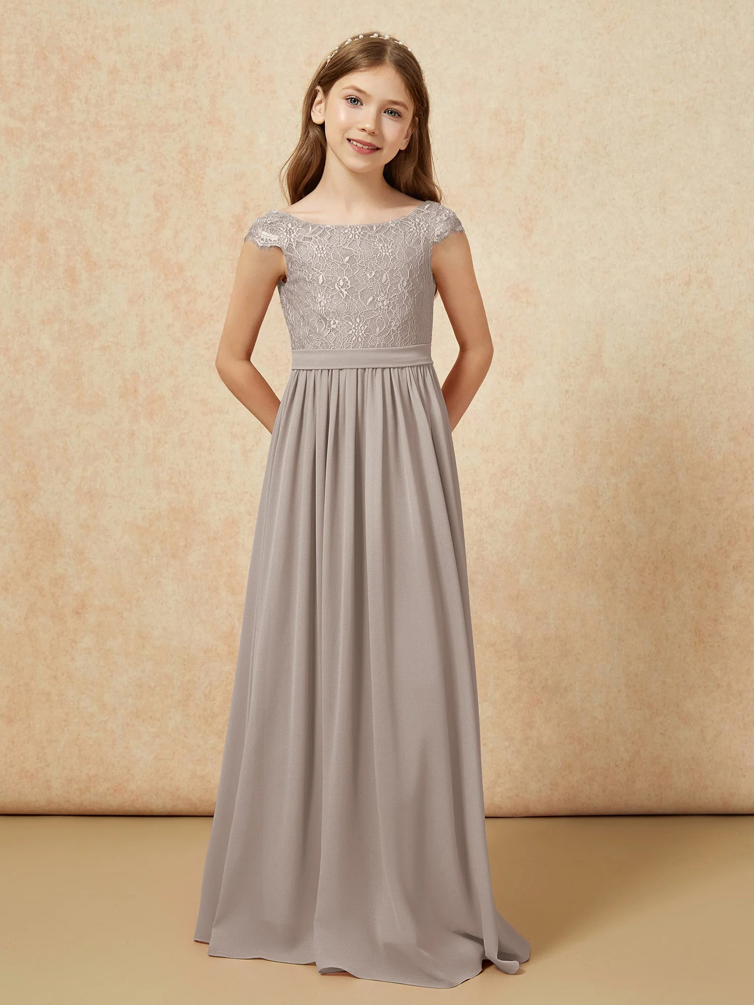 Flügelärmel Spitze Chiffon Junge Brautjungfernkleider Taupe - Image 4