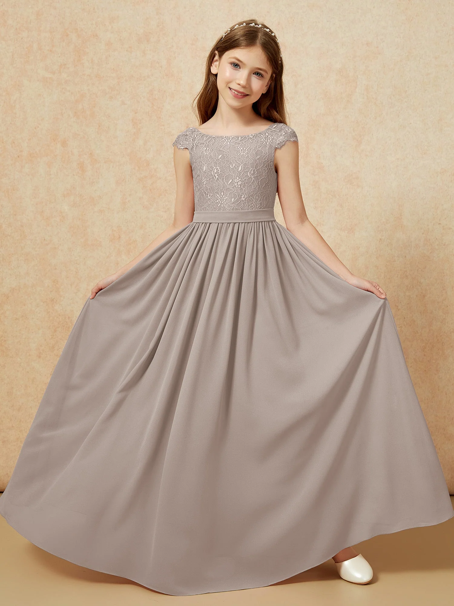 Flügelärmel Spitze Chiffon Junge Brautjungfernkleider Taupe - Image 5