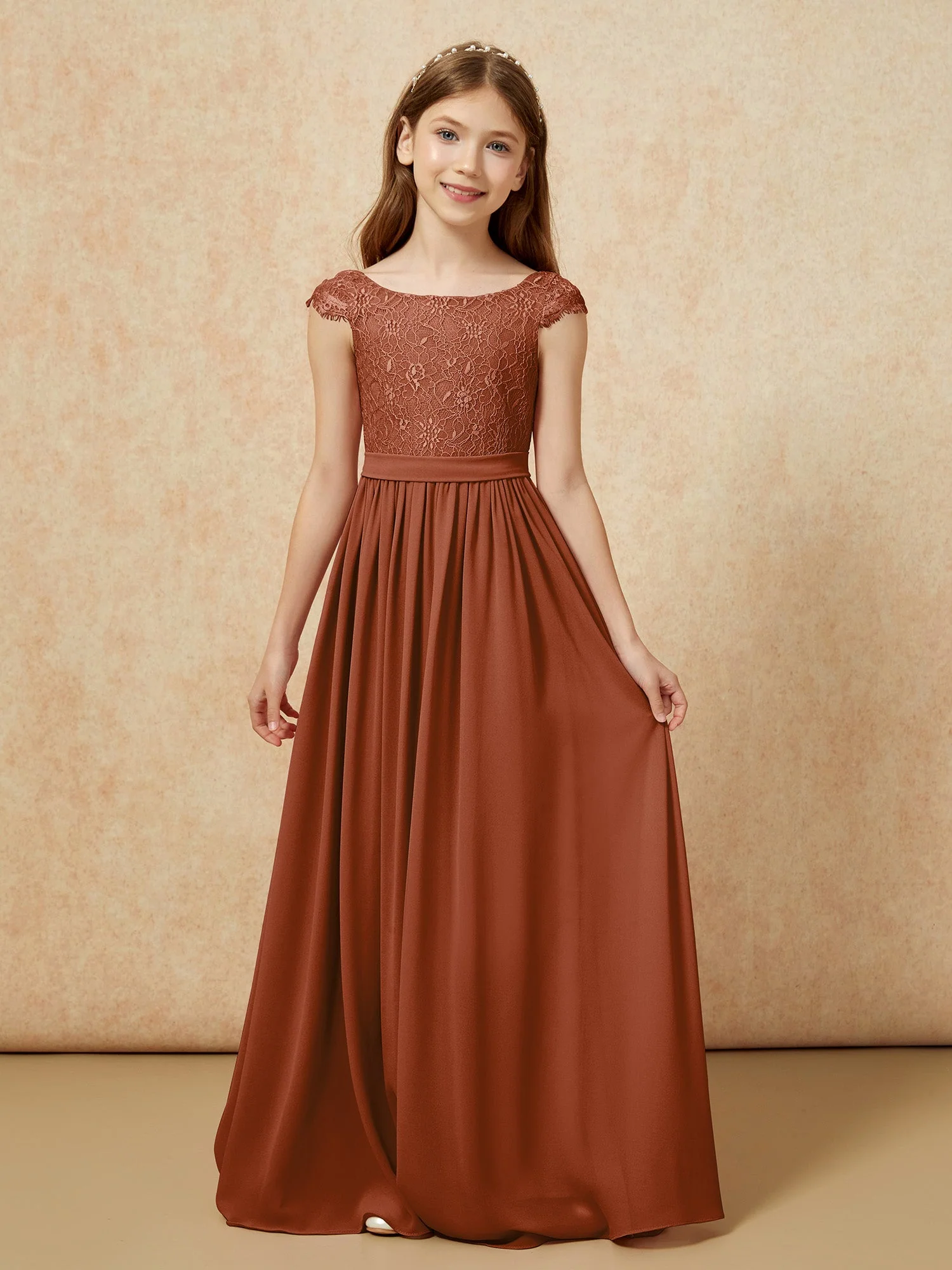Flügelärmel Spitze Chiffon Junge Brautjungfernkleider Terrakotta