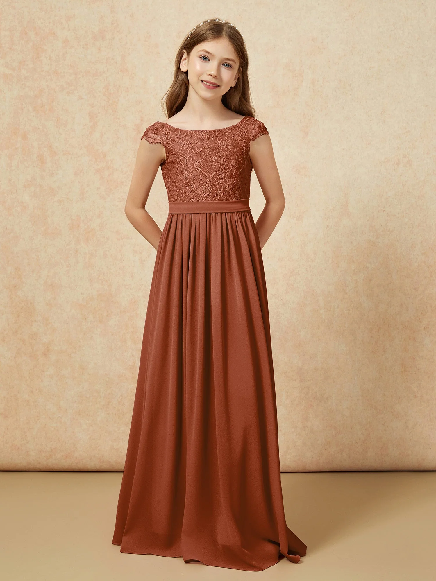 Flügelärmel Spitze Chiffon Junge Brautjungfernkleider Terrakotta - Image 4