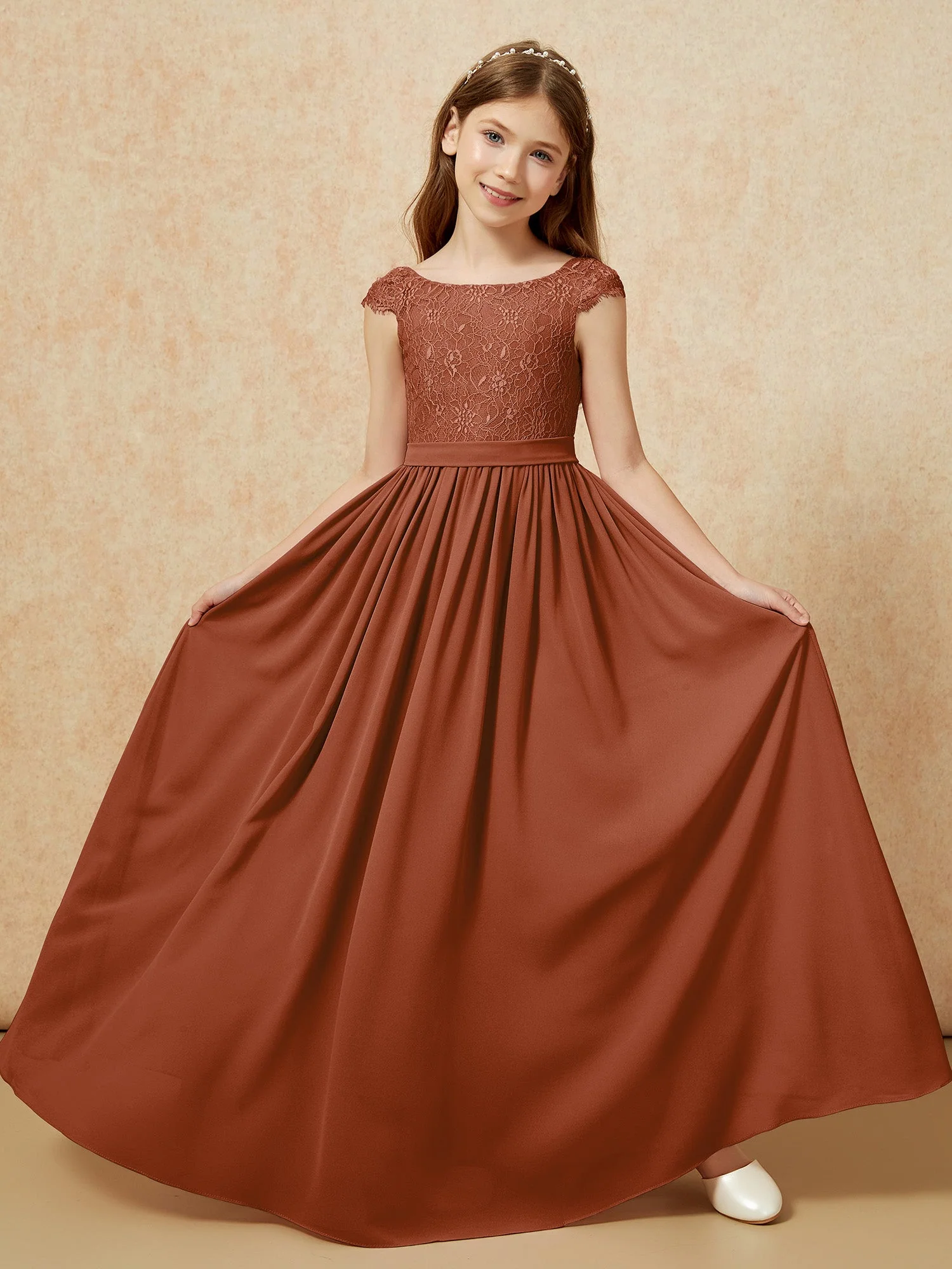 Flügelärmel Spitze Chiffon Junge Brautjungfernkleider Terrakotta - Image 5