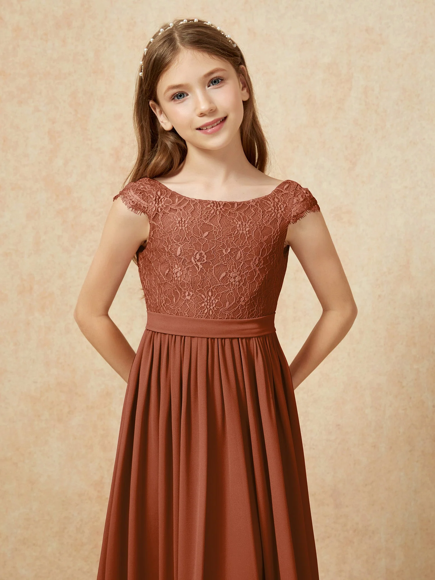 Flügelärmel Spitze Chiffon Junge Brautjungfernkleider Terrakotta - Image 6