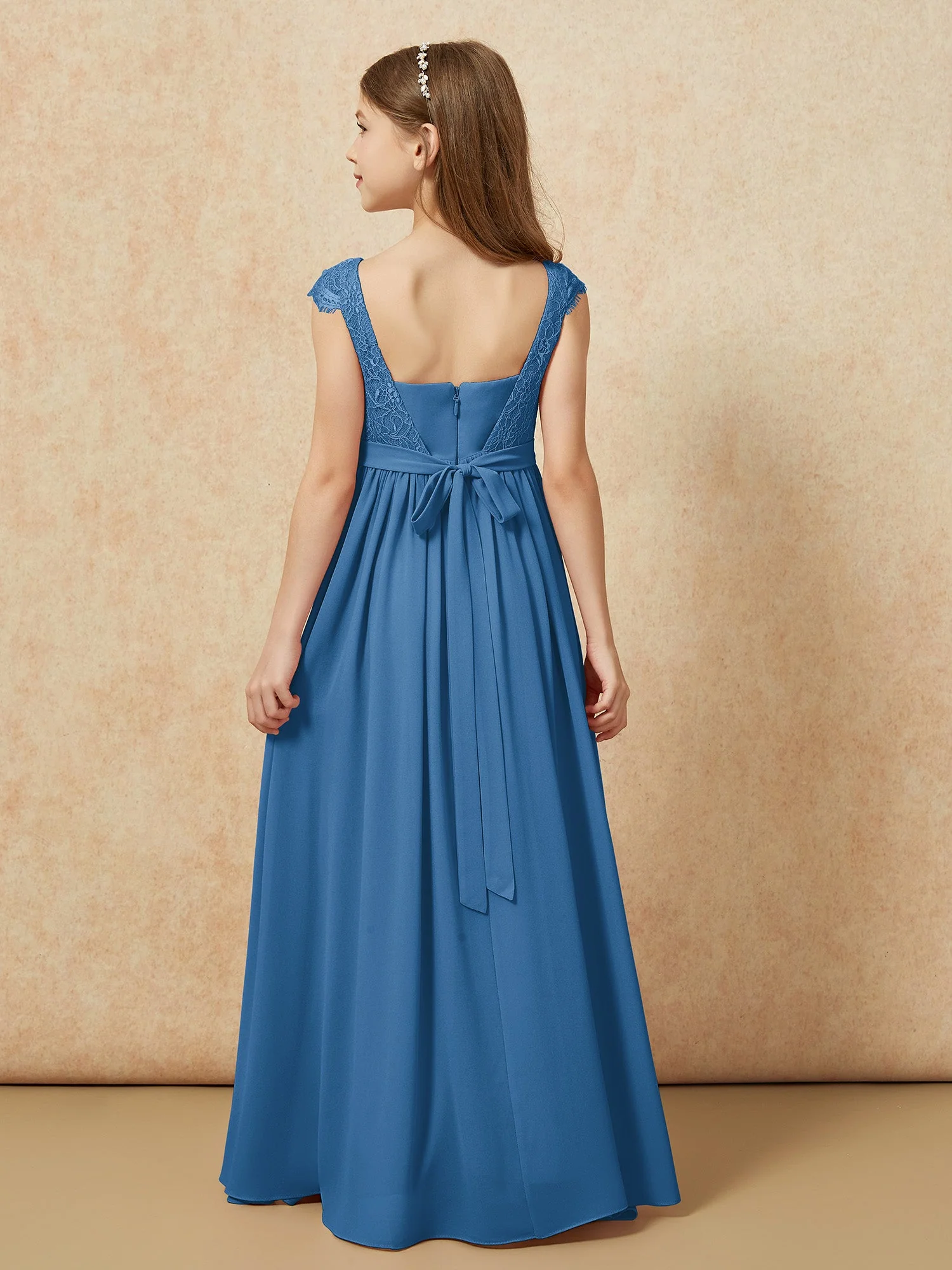 Flügelärmel Spitze Chiffon Junge Brautjungfernkleider Tinte Blau - Image 2