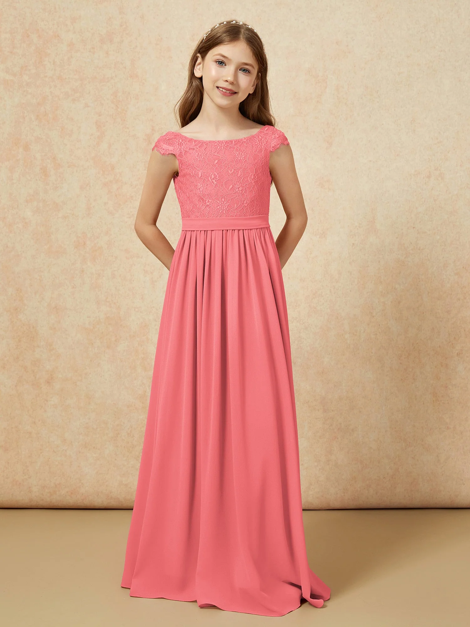 Flügelärmel Spitze Chiffon Junge Brautjungfernkleider Wassermelone - Image 4