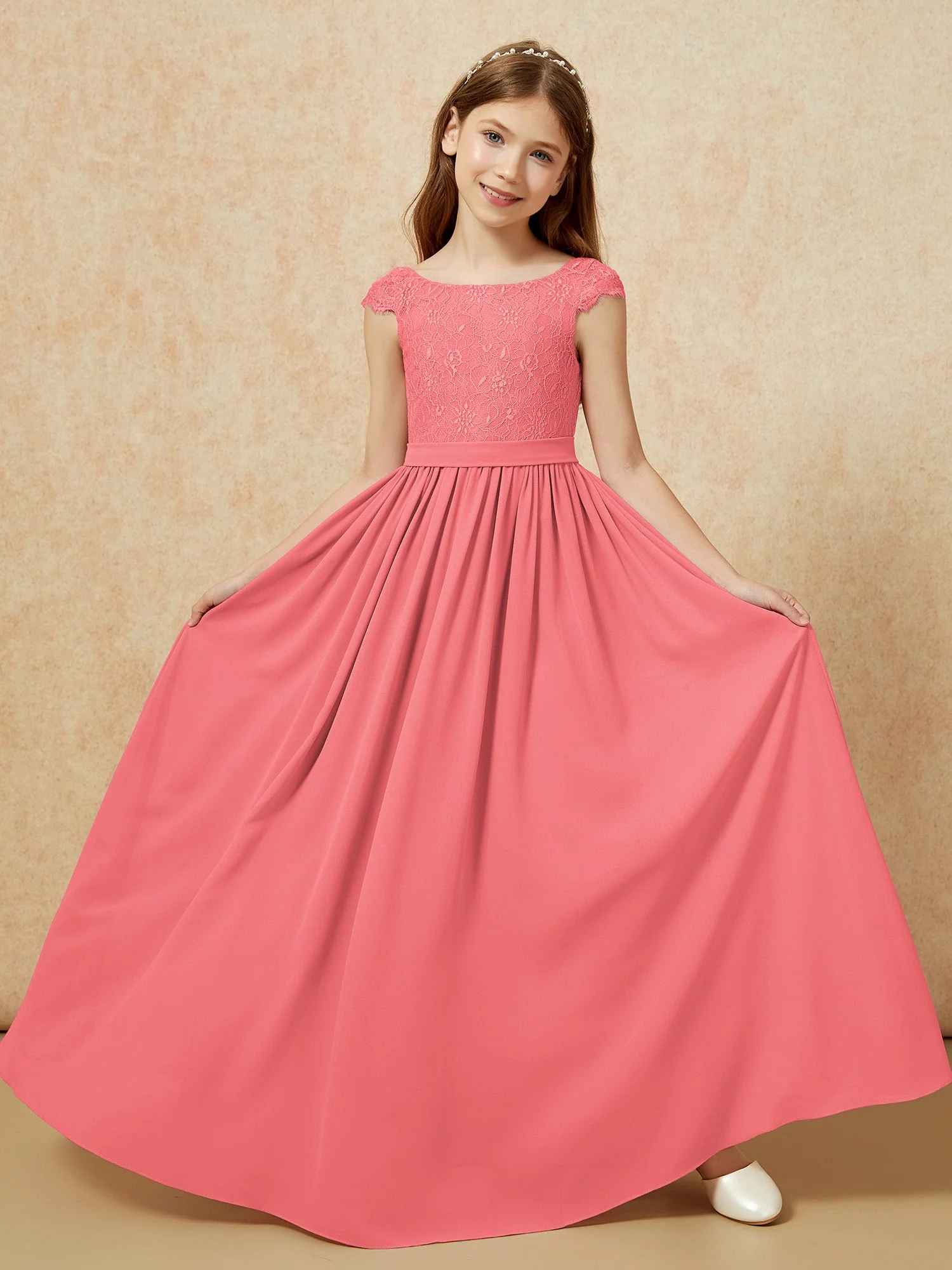 Flügelärmel Spitze Chiffon Junge Brautjungfernkleider Wassermelone - Image 5