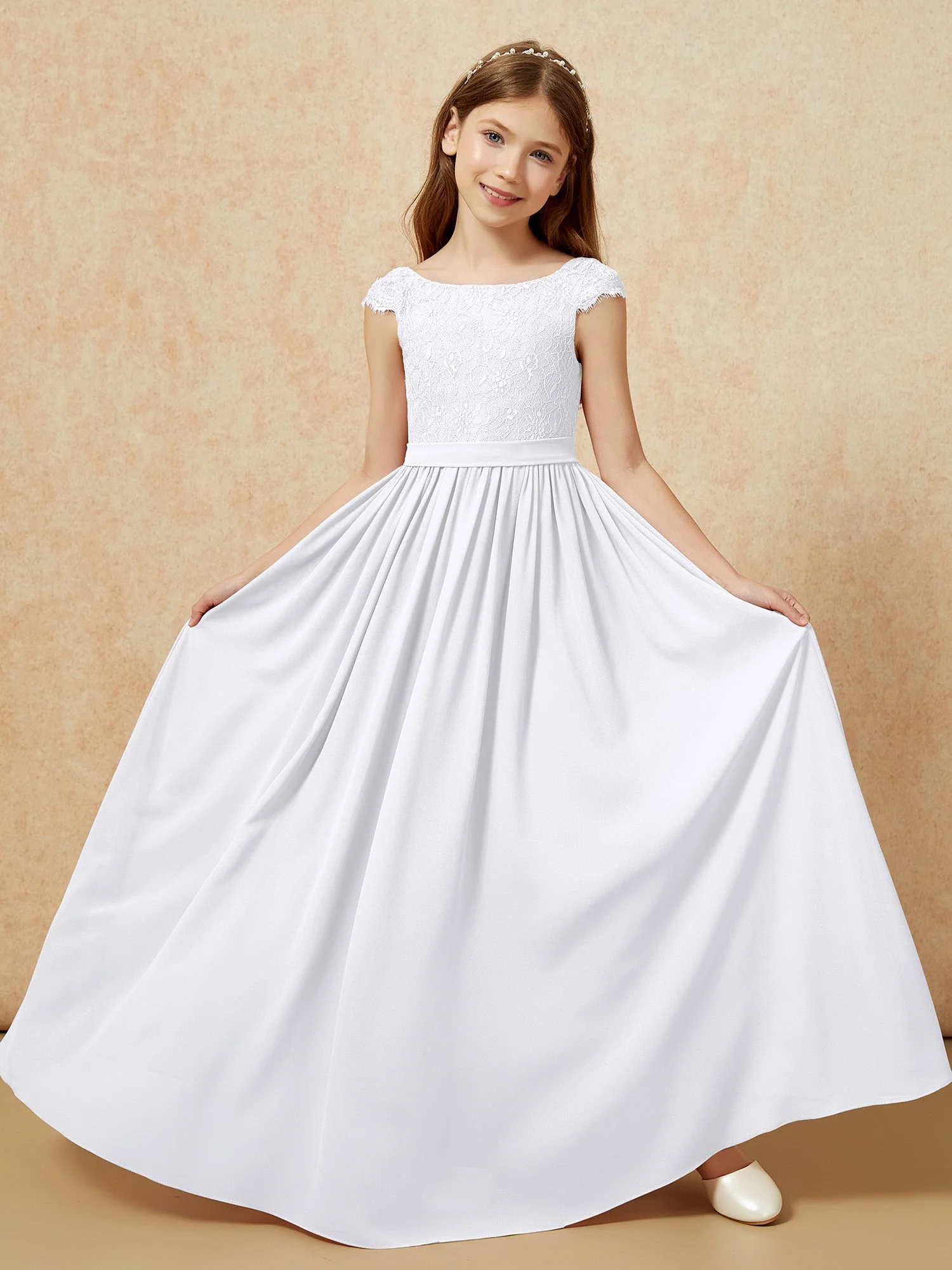 Flügelärmel Spitze Chiffon Junge Brautjungfernkleider Weiß - Image 5