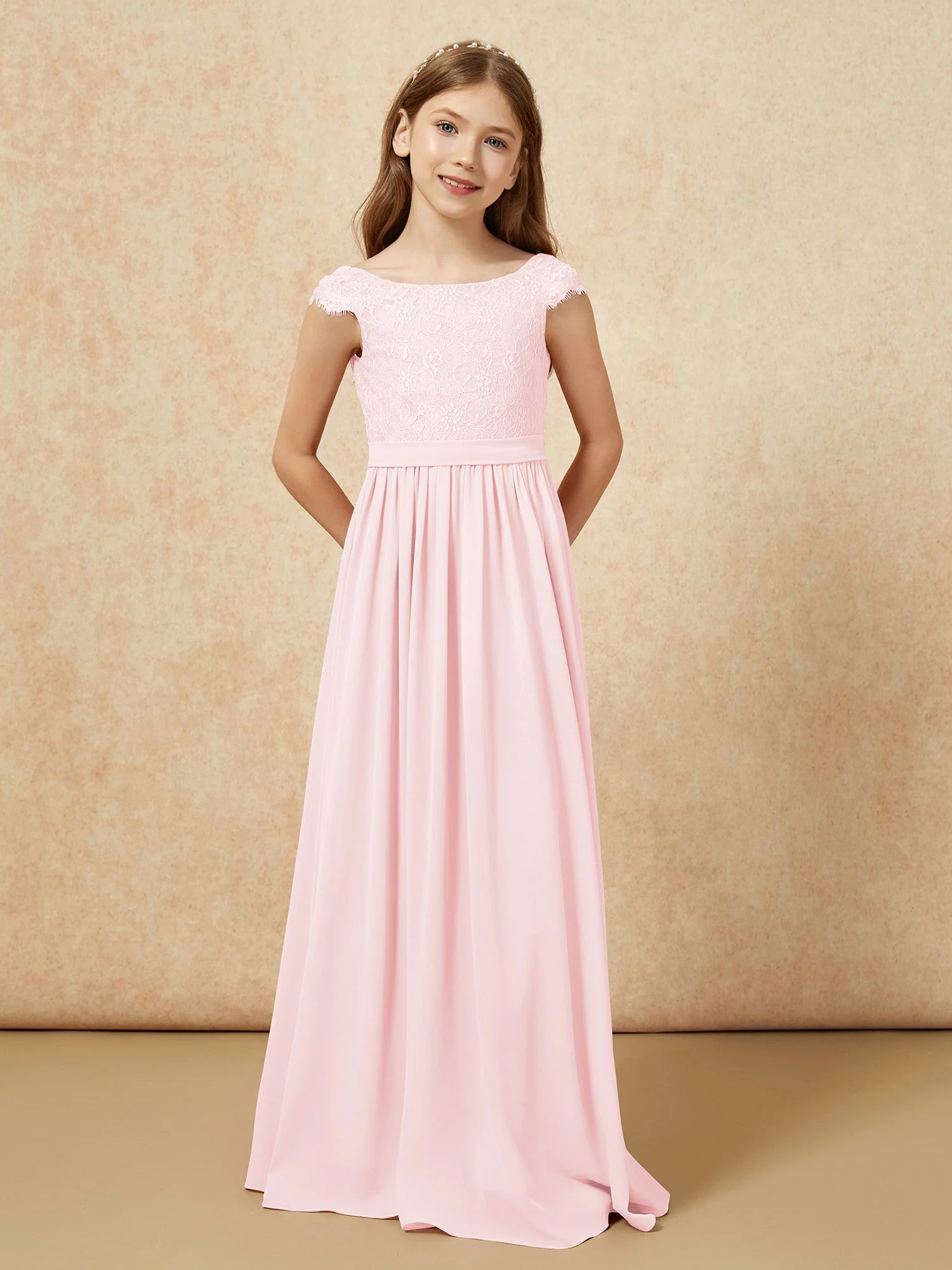 Flügelärmel Spitze Chiffon Junge Brautjungfernkleider Zartrosa - Image 4