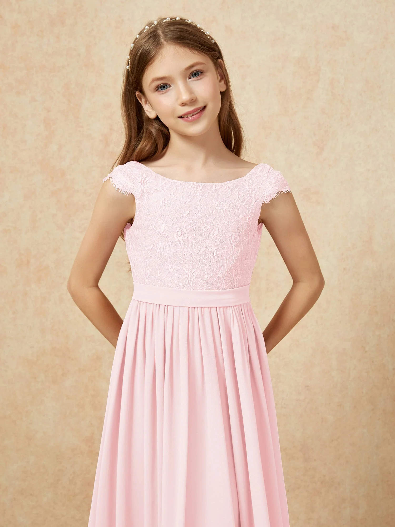 Flügelärmel Spitze Chiffon Junge Brautjungfernkleider Zartrosa - Image 6