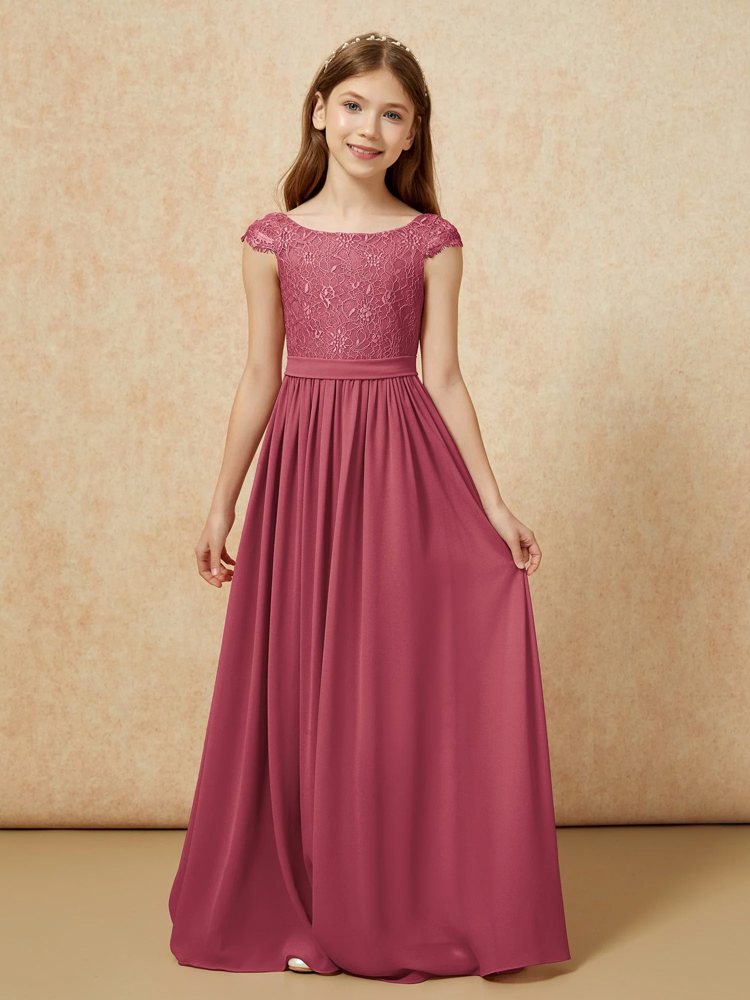 Flügelärmel Spitze Chiffon Junge Brautjungfernkleider Zimtrose