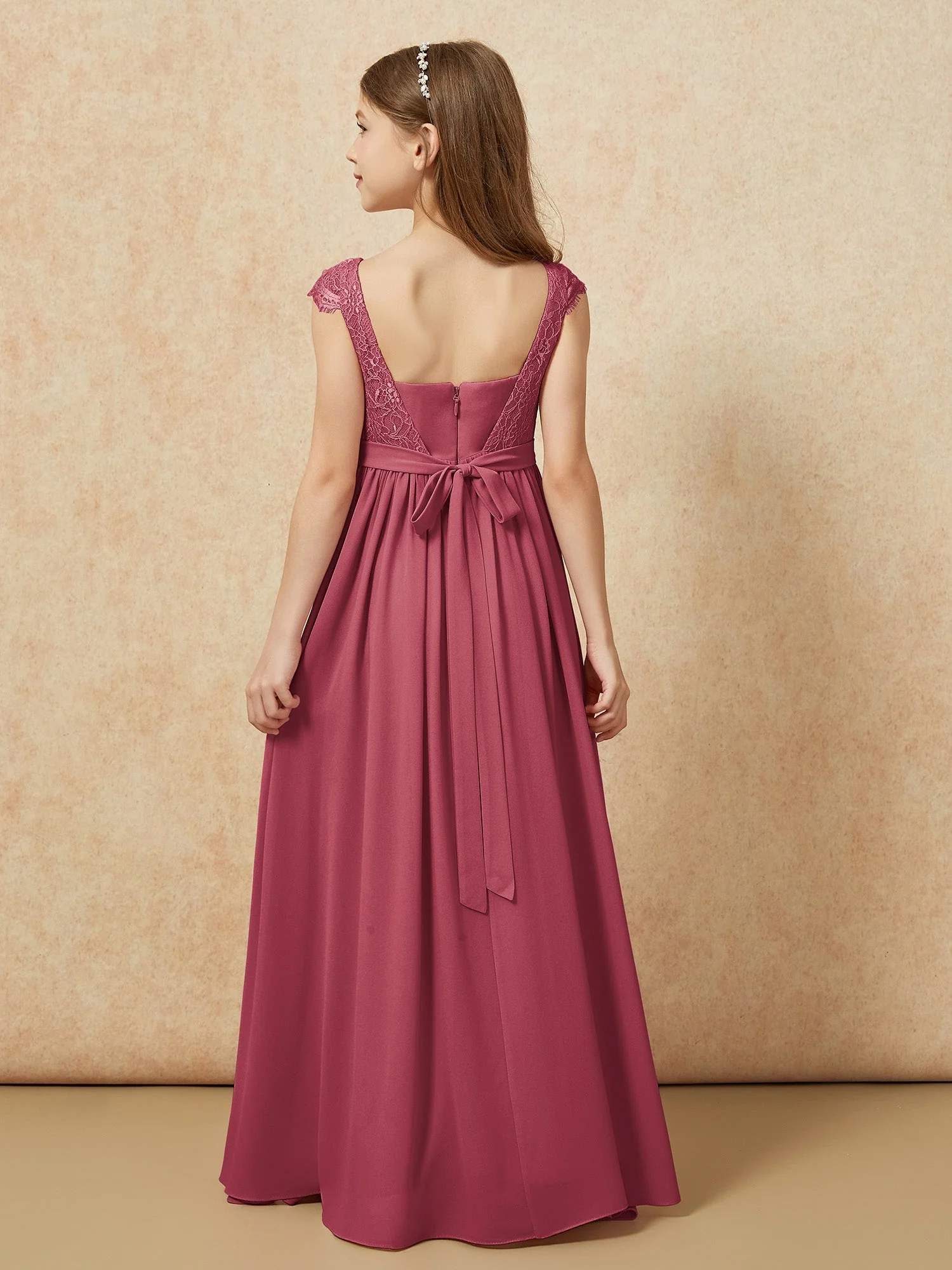 Flügelärmel Spitze Chiffon Junge Brautjungfernkleider Zimtrose - Image 2