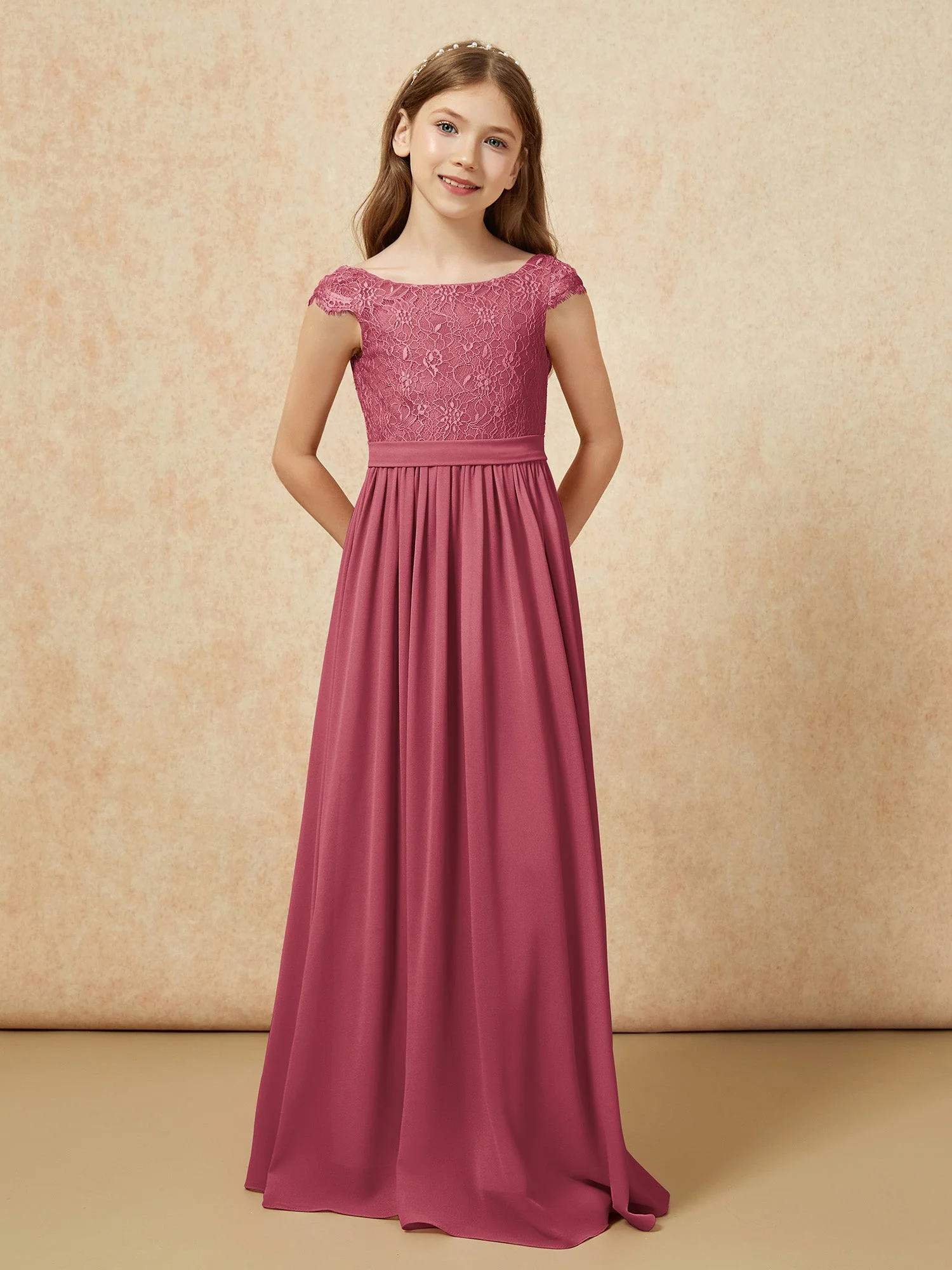 Flügelärmel Spitze Chiffon Junge Brautjungfernkleider Zimtrose - Image 4