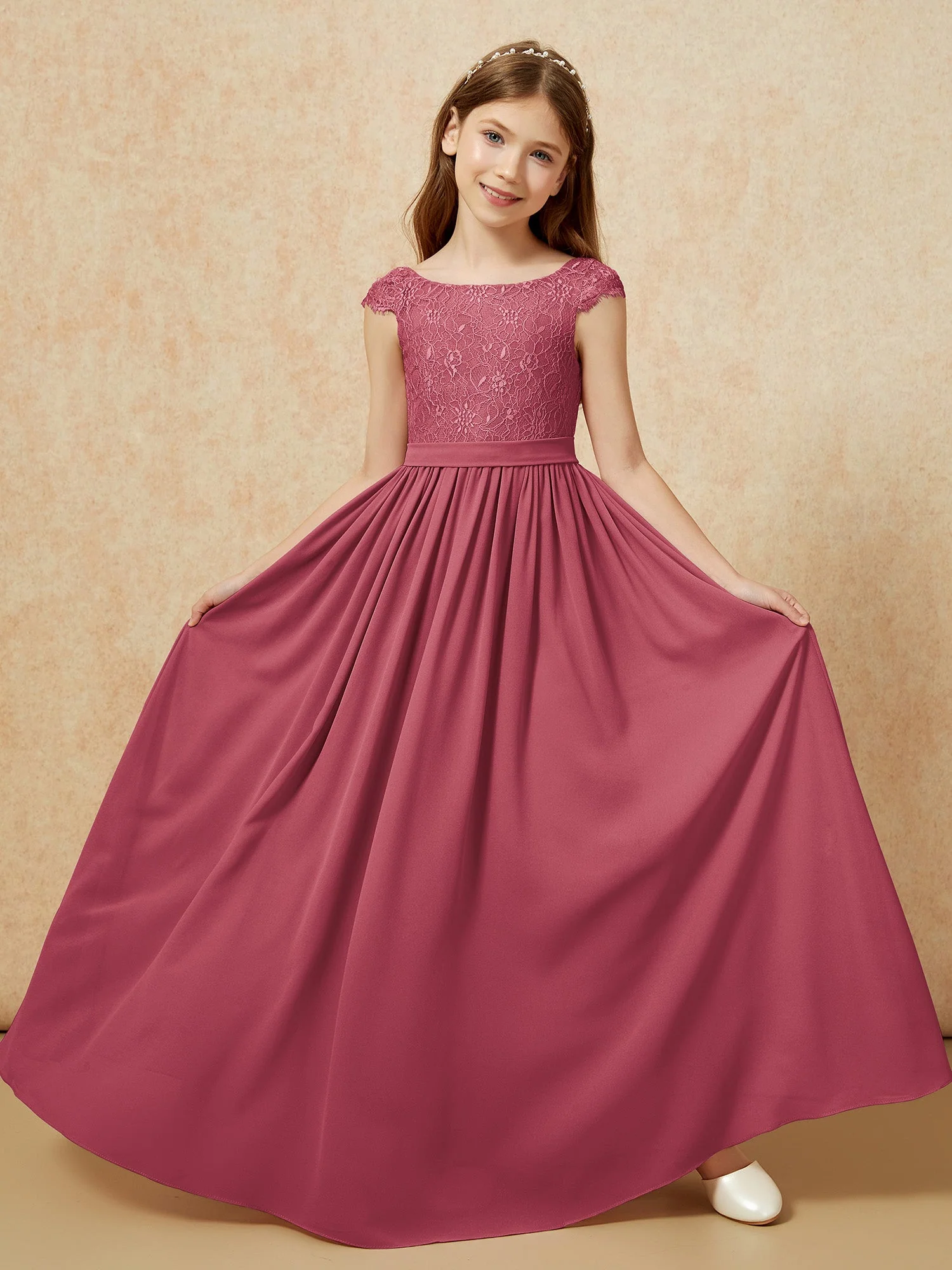 Flügelärmel Spitze Chiffon Junge Brautjungfernkleider Zimtrose - Image 5