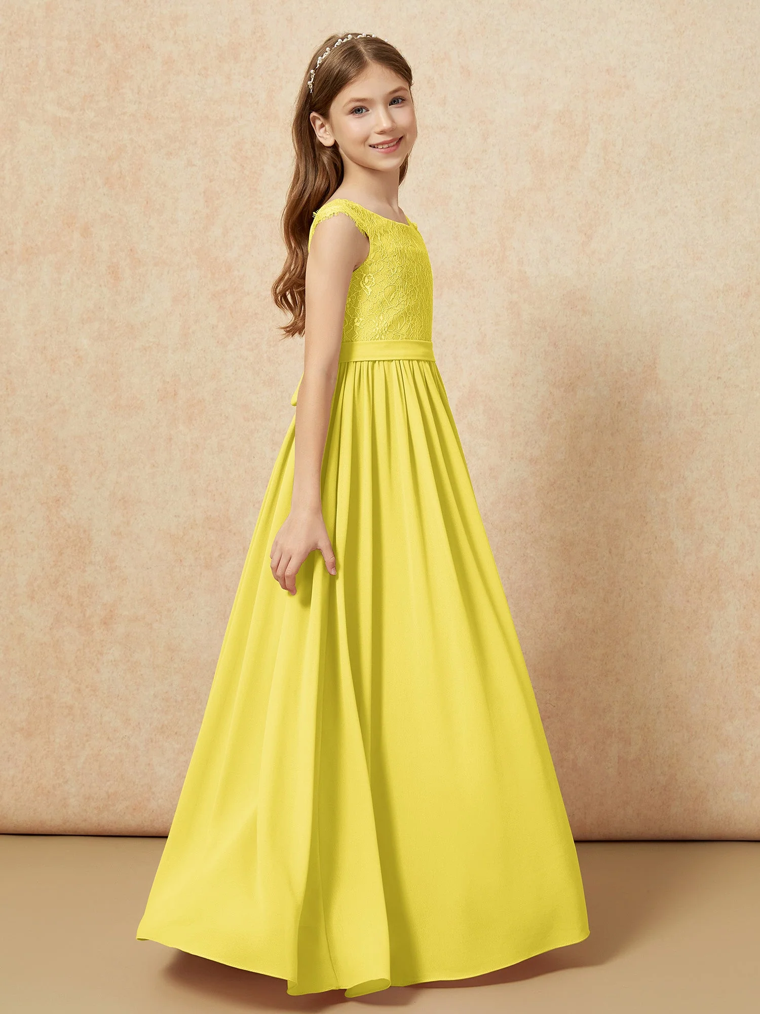 Flügelärmel Spitze Chiffon Junge Brautjungfernkleider Zitrone - Image 3