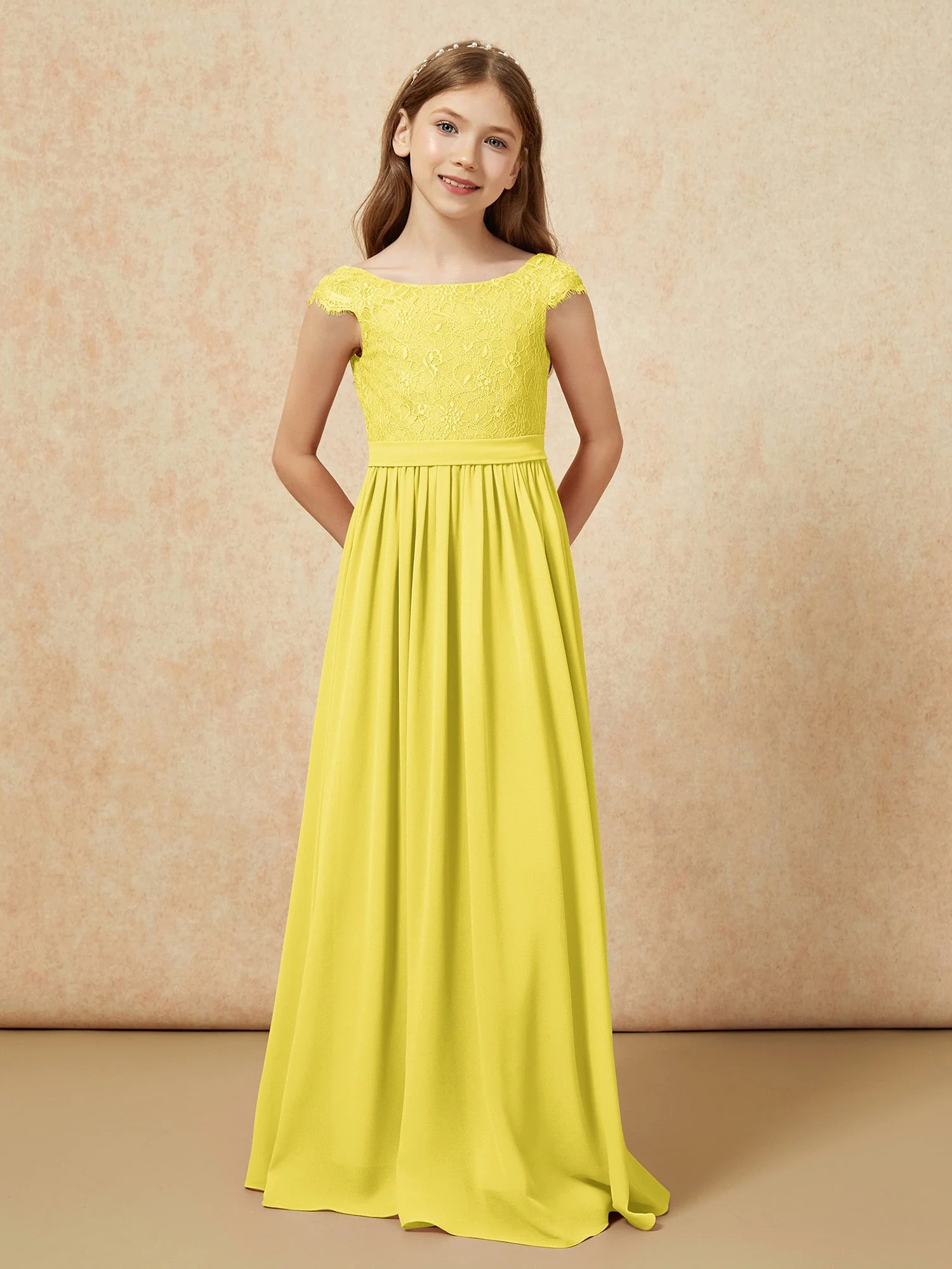 Flügelärmel Spitze Chiffon Junge Brautjungfernkleider Zitrone - Image 4