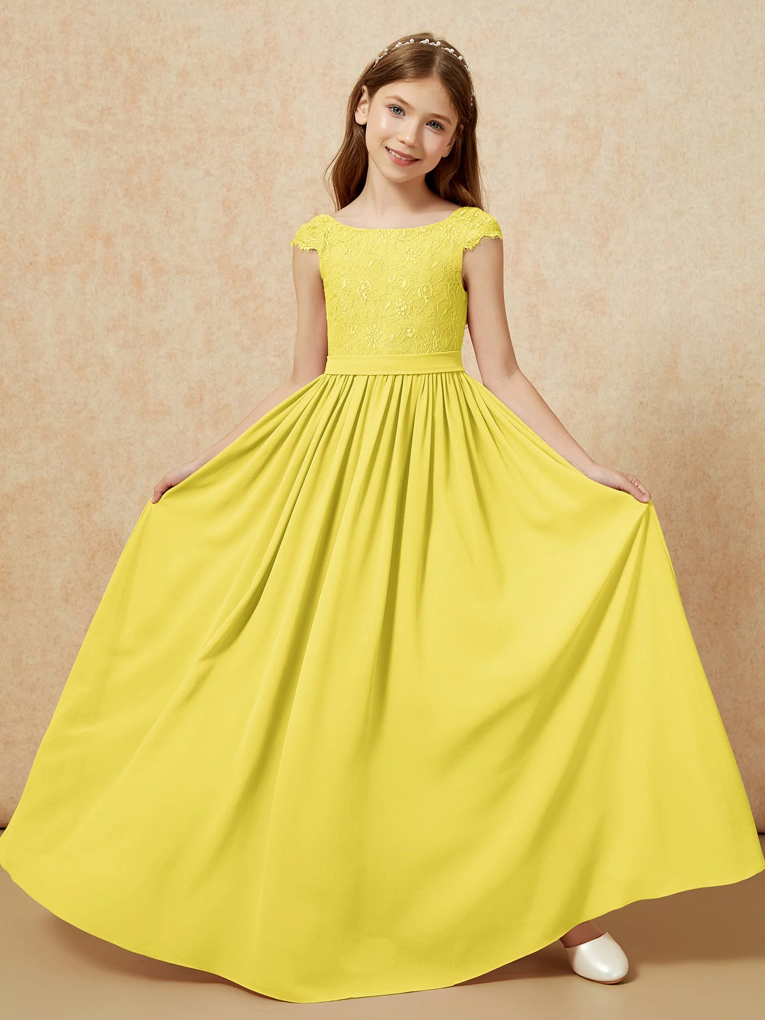Flügelärmel Spitze Chiffon Junge Brautjungfernkleider Zitrone - Image 5