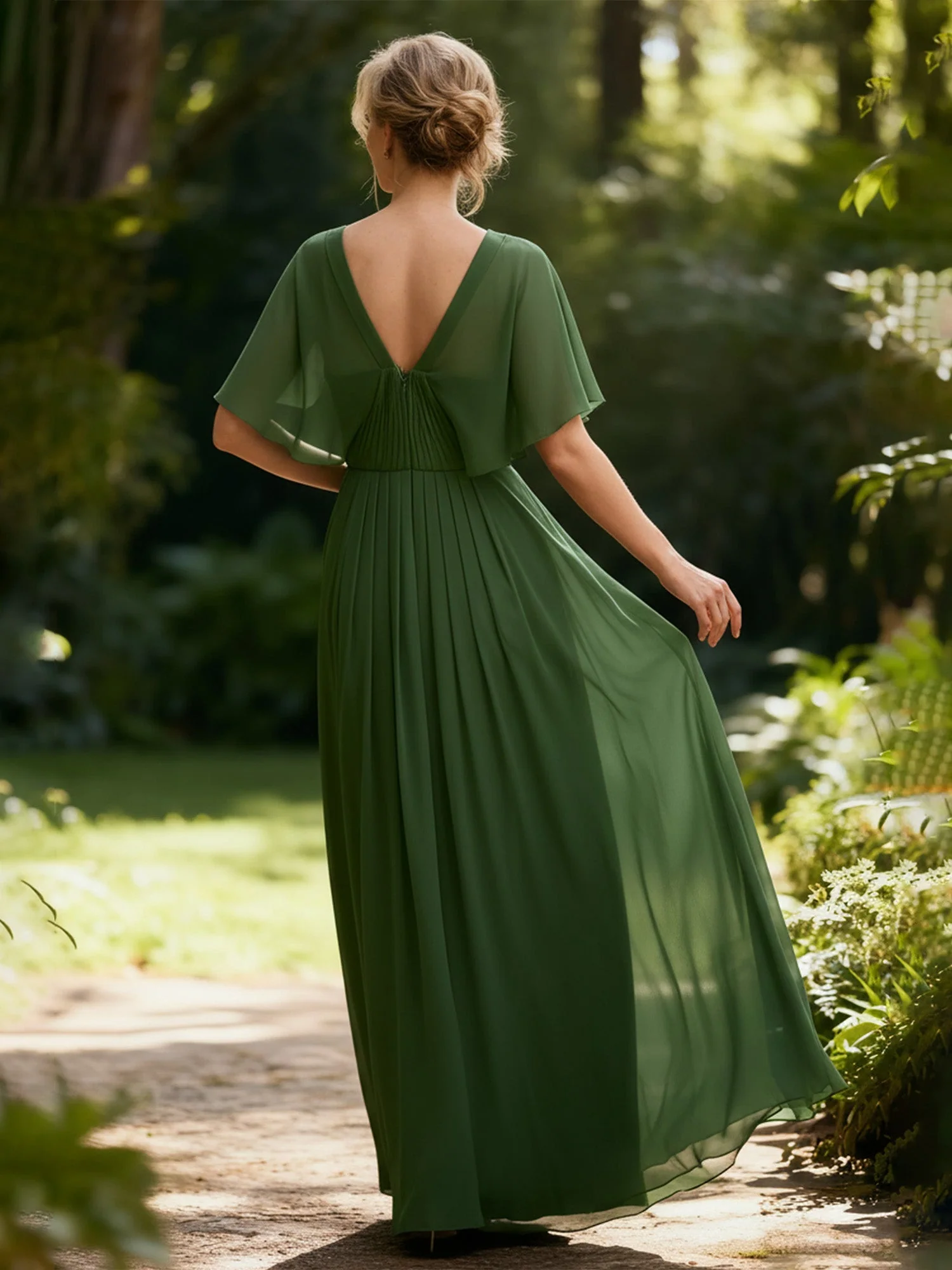 Plissee A-Linie Flatterärmel Chiffon Lang Kleid Burgunderrot - Image 2