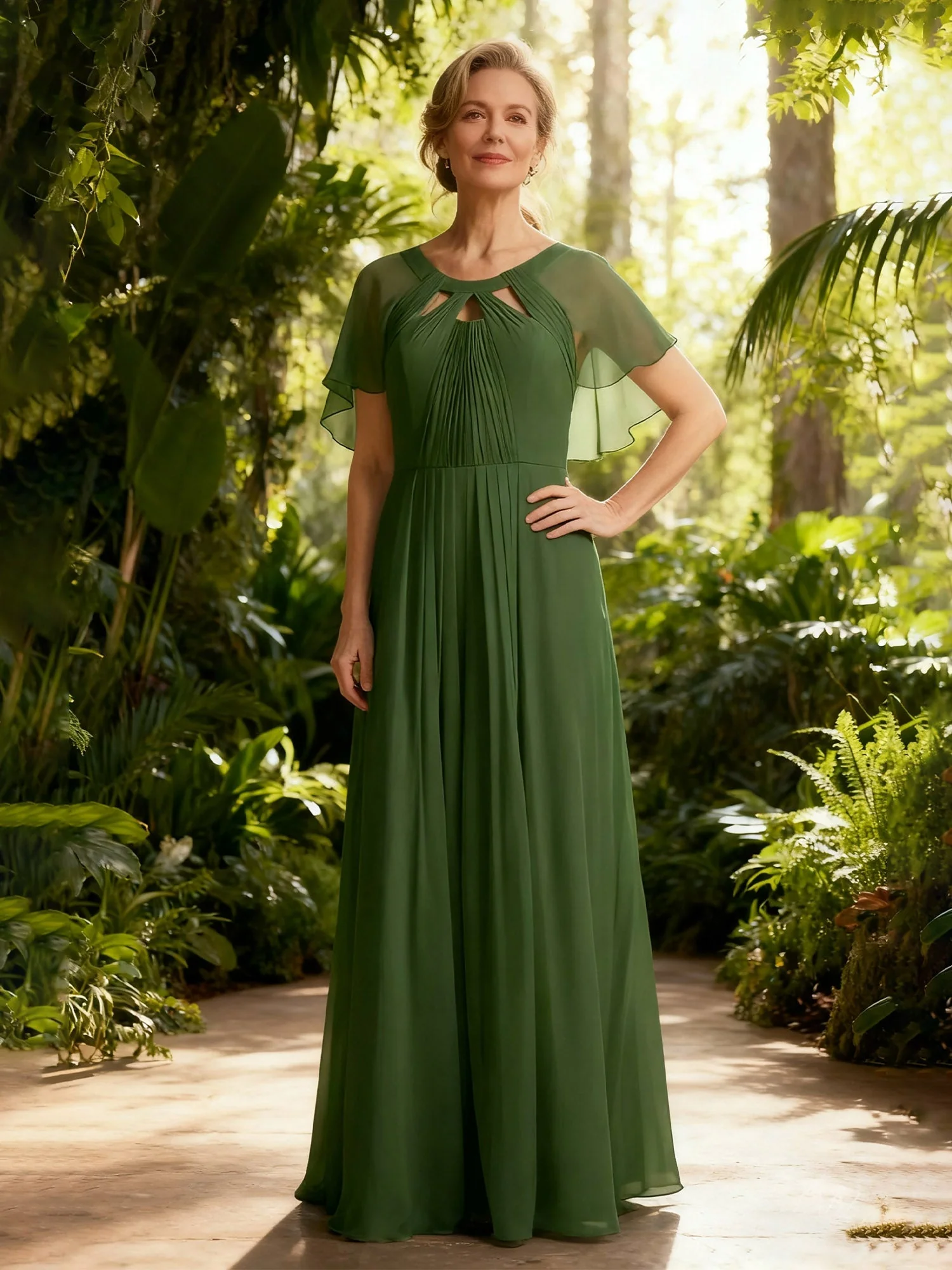 Plissee A-Linie Flatterärmel Chiffon Lang Kleid Plum