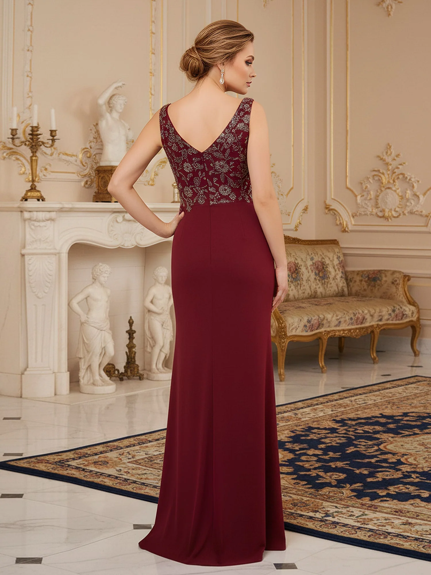 Ärmellos Säule Kleid mit V-Ausschnitt und Ornate Perlen Oberteil Burgunderrot - Image 2