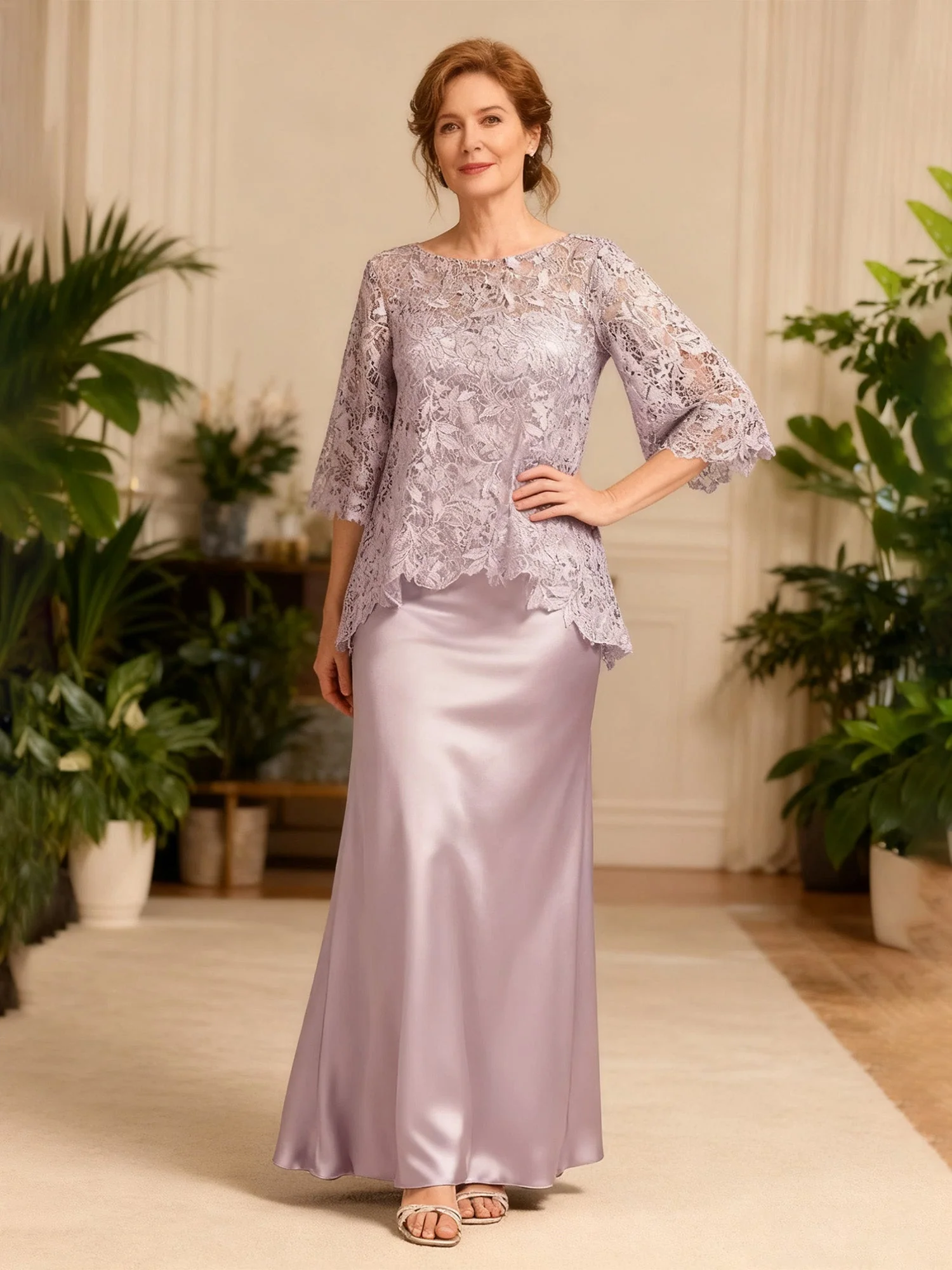 Bateau Ausschnitt Lang Kleid mit Spitzenjacke Orchidee