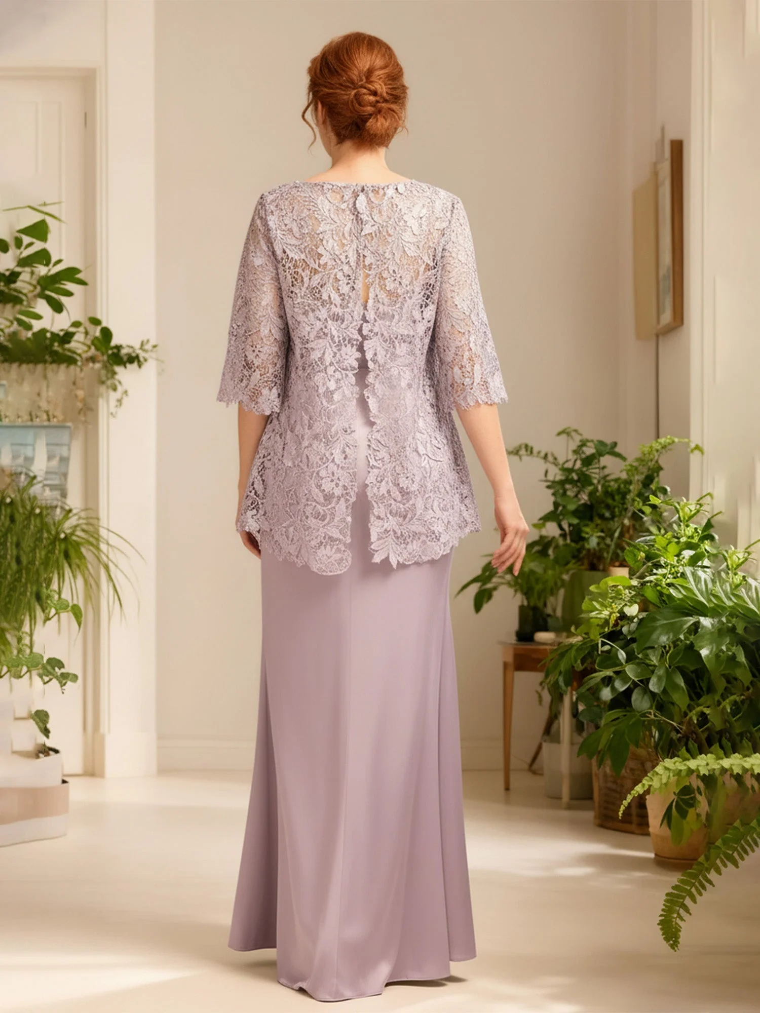 Bateau Ausschnitt Lang Kleid mit Spitzenjacke Perlrosa - Image 2