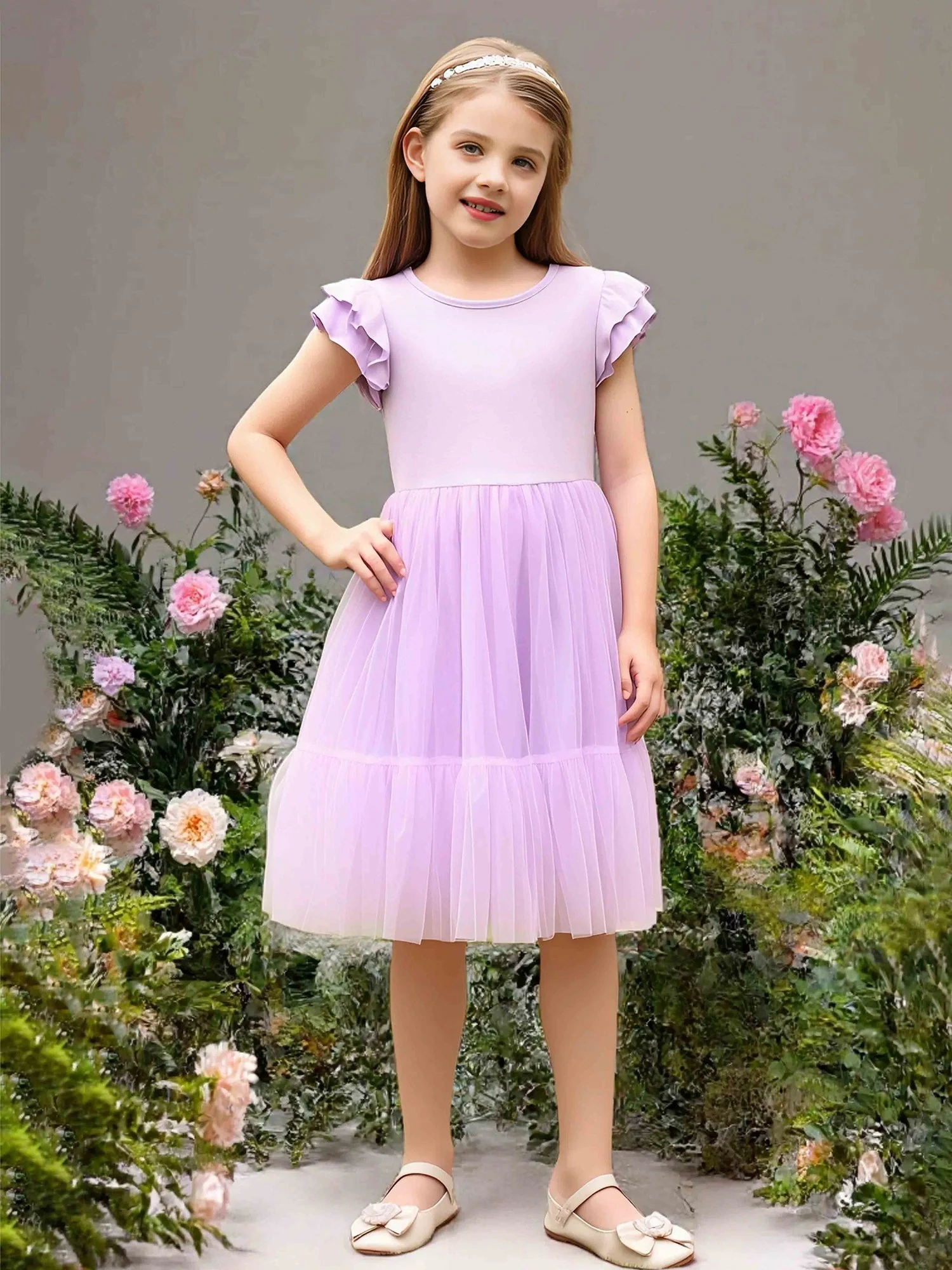Rüschen Flatterärmel Tüll Rock Blumenmädchen Kleid Lila