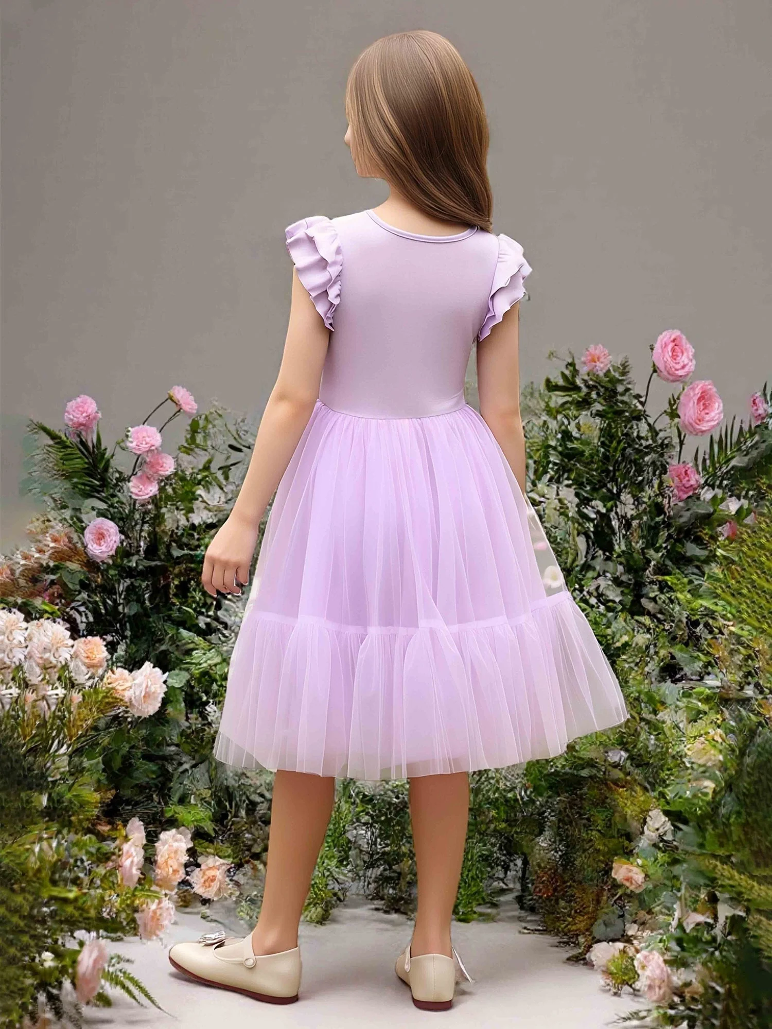 Rüschen Flatterärmel Tüll Rock Blumenmädchen Kleid Lila - Image 2