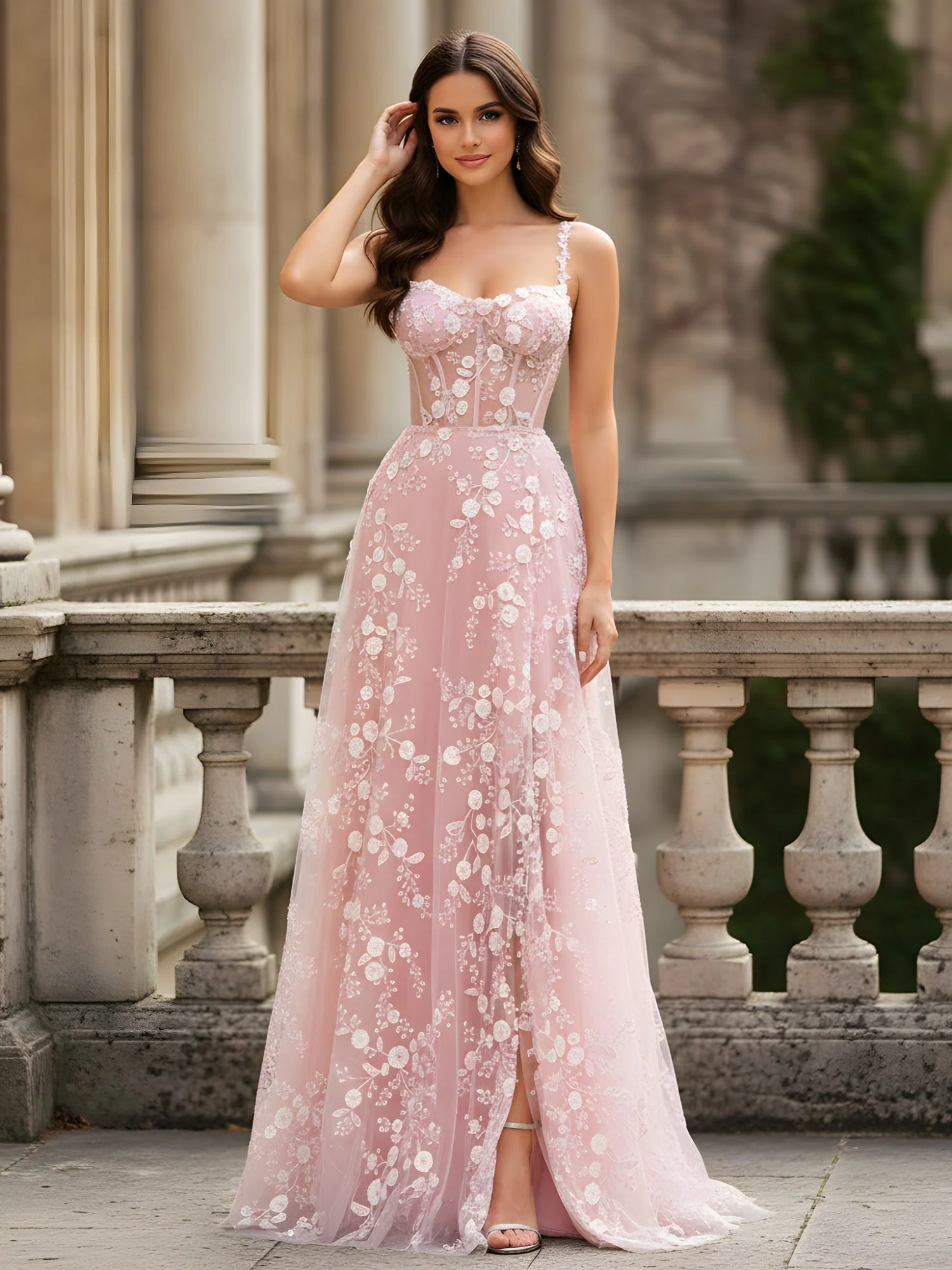 A-Linie Tüll Kleid mit zarter Blumen Stickerei Zartrosa