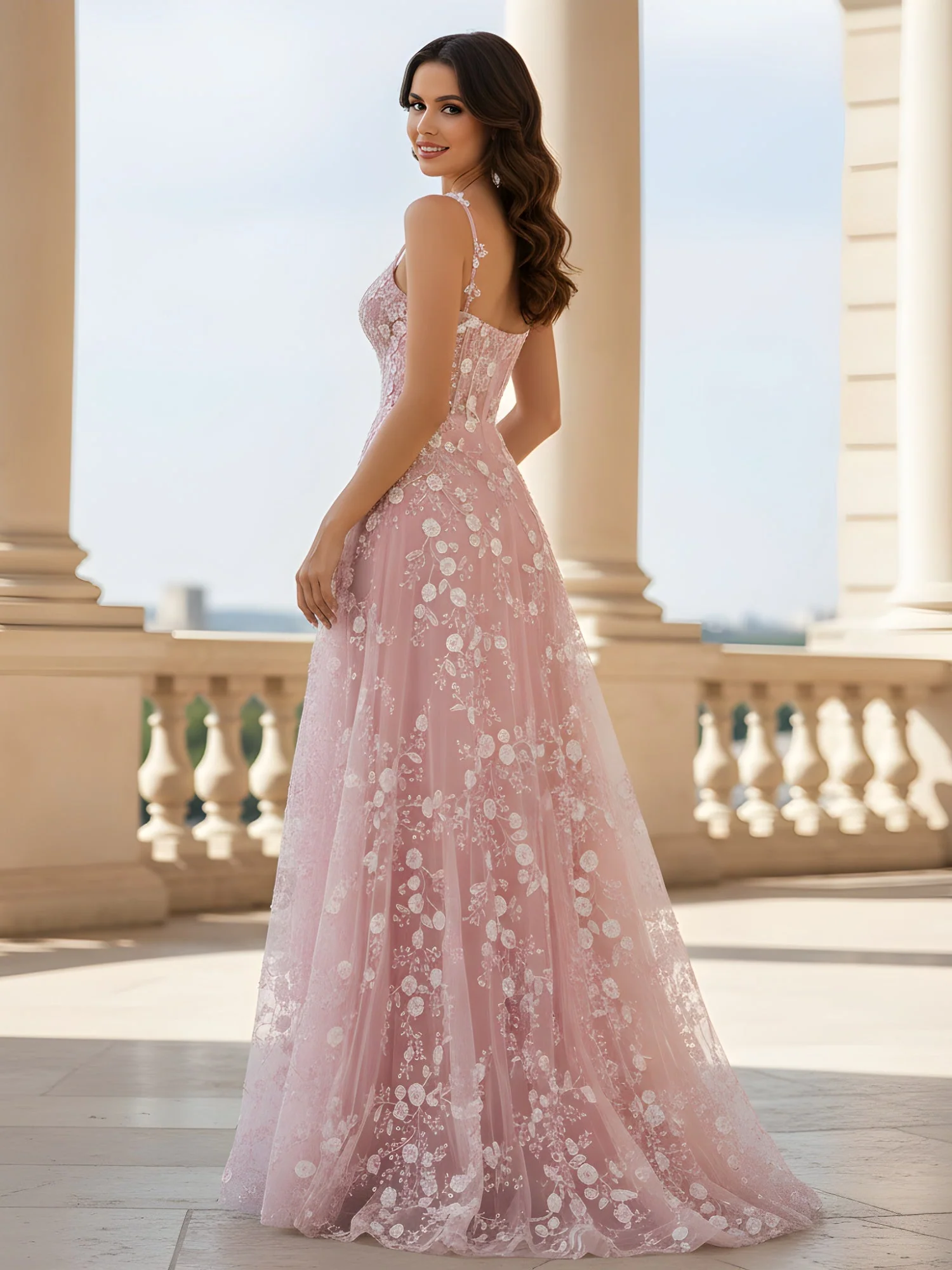 A-Linie Tüll Kleid mit zarter Blumen Stickerei Zartrosa - Image 2