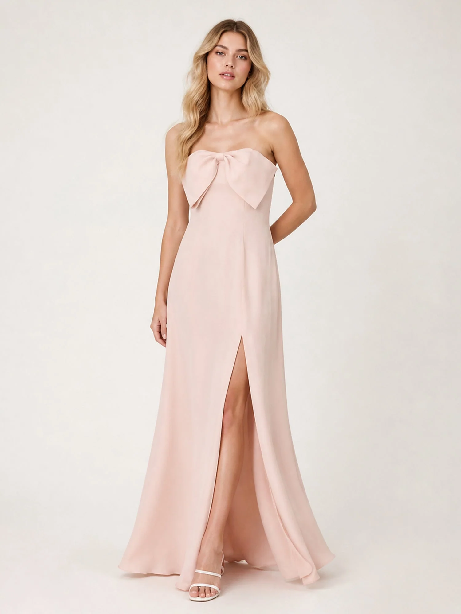 Trägerloses Chiffon Abendkleid mit Übergroßer Schleife vorne Blau
