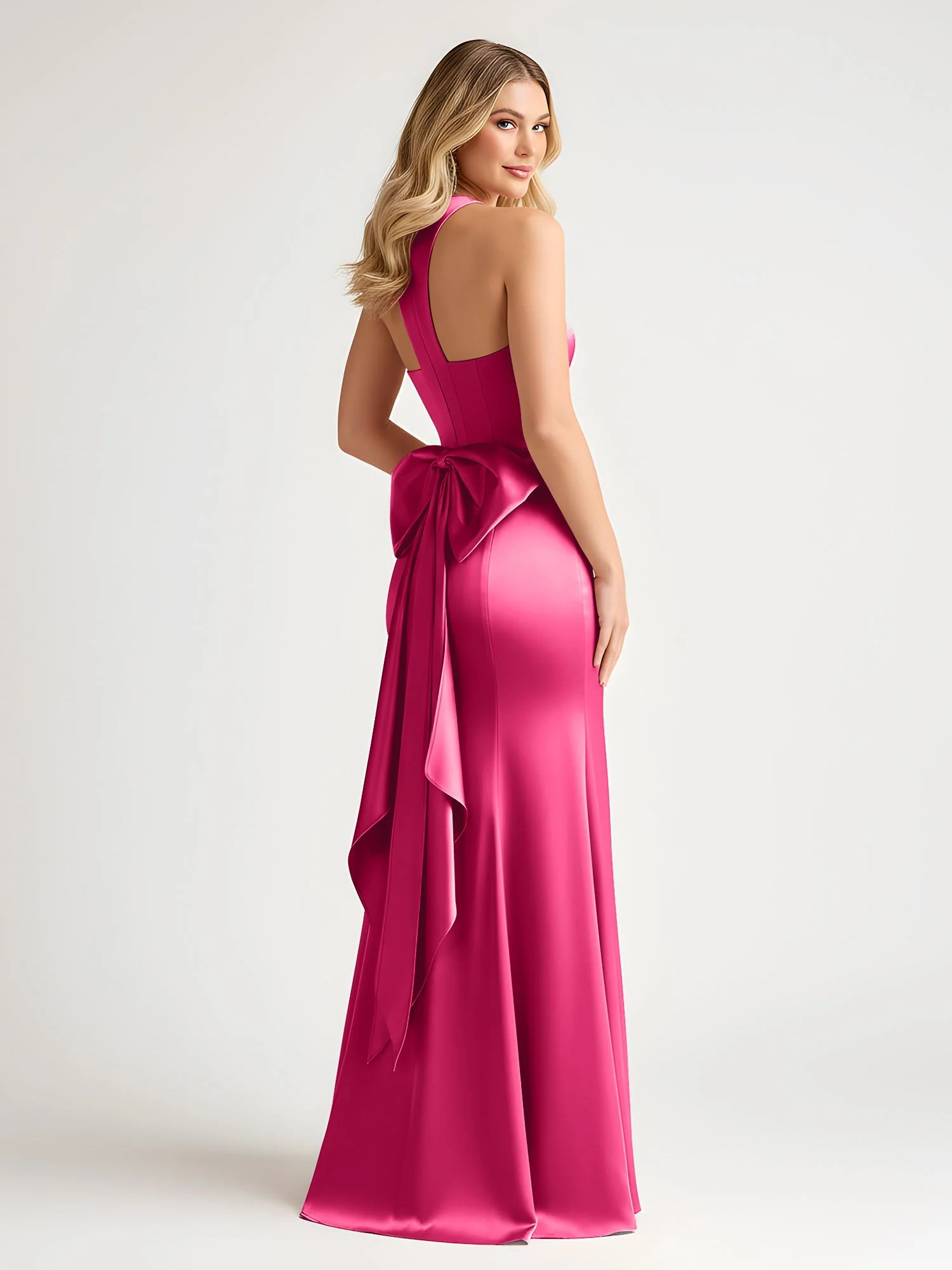 Ärmellos Satinkleid mit übergroßen Rückenbogen Fuchsia - Image 2