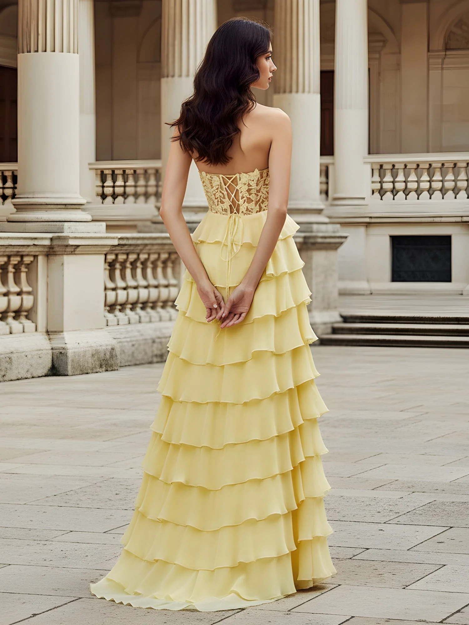 Voluminös Chiffon Kleid mit Exponiert Spitzen Rücken Azalee - Image 2