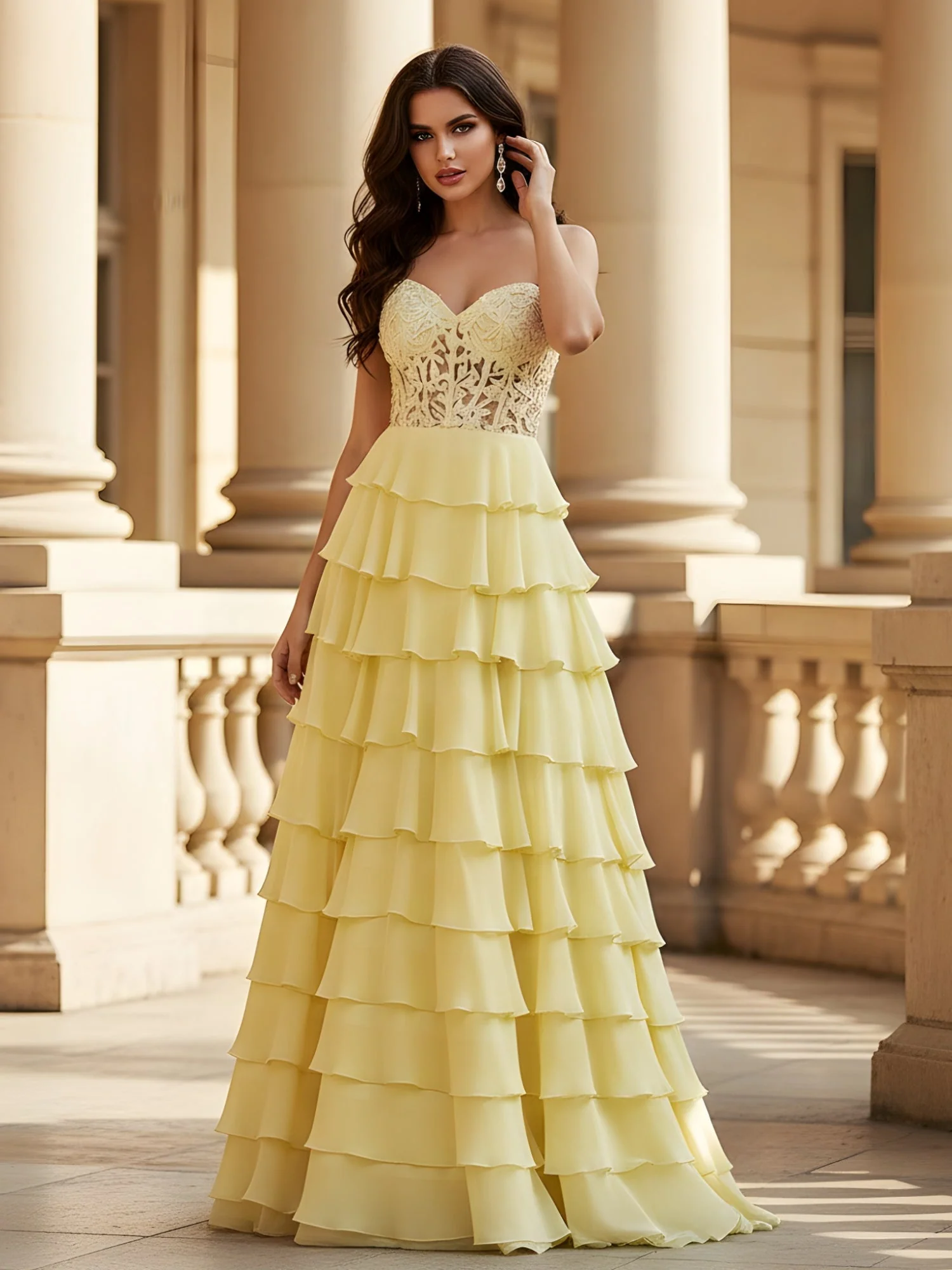 Voluminös Chiffon Kleid mit Exponiert Spitzen Rücken Rost