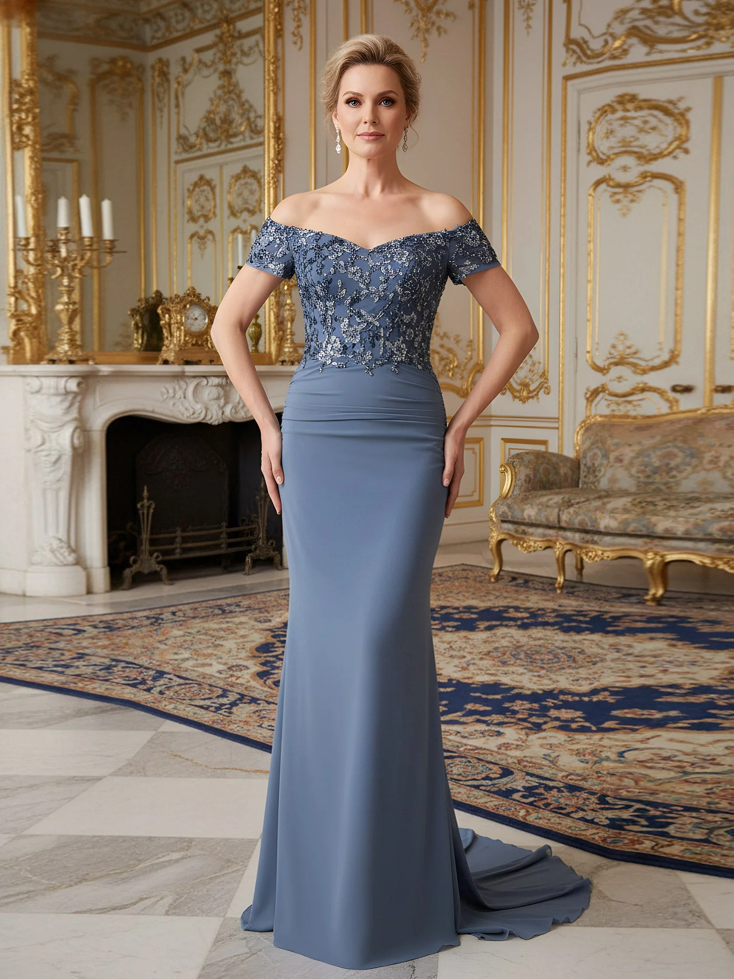 Schulterfrei Meerjungfrau Kleid mit gesticktem Illusion Oberteil Staubiges Blau