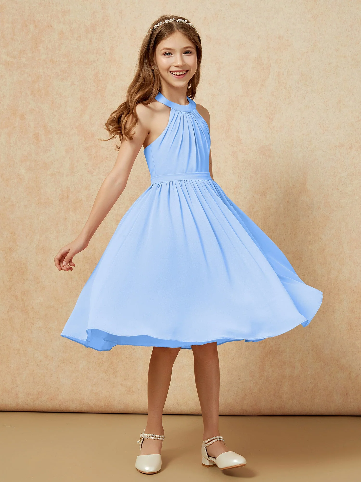 Griechischer Ausschnit Knielang Chiffon Junge Brautjungfernkleider Blau - Image 3