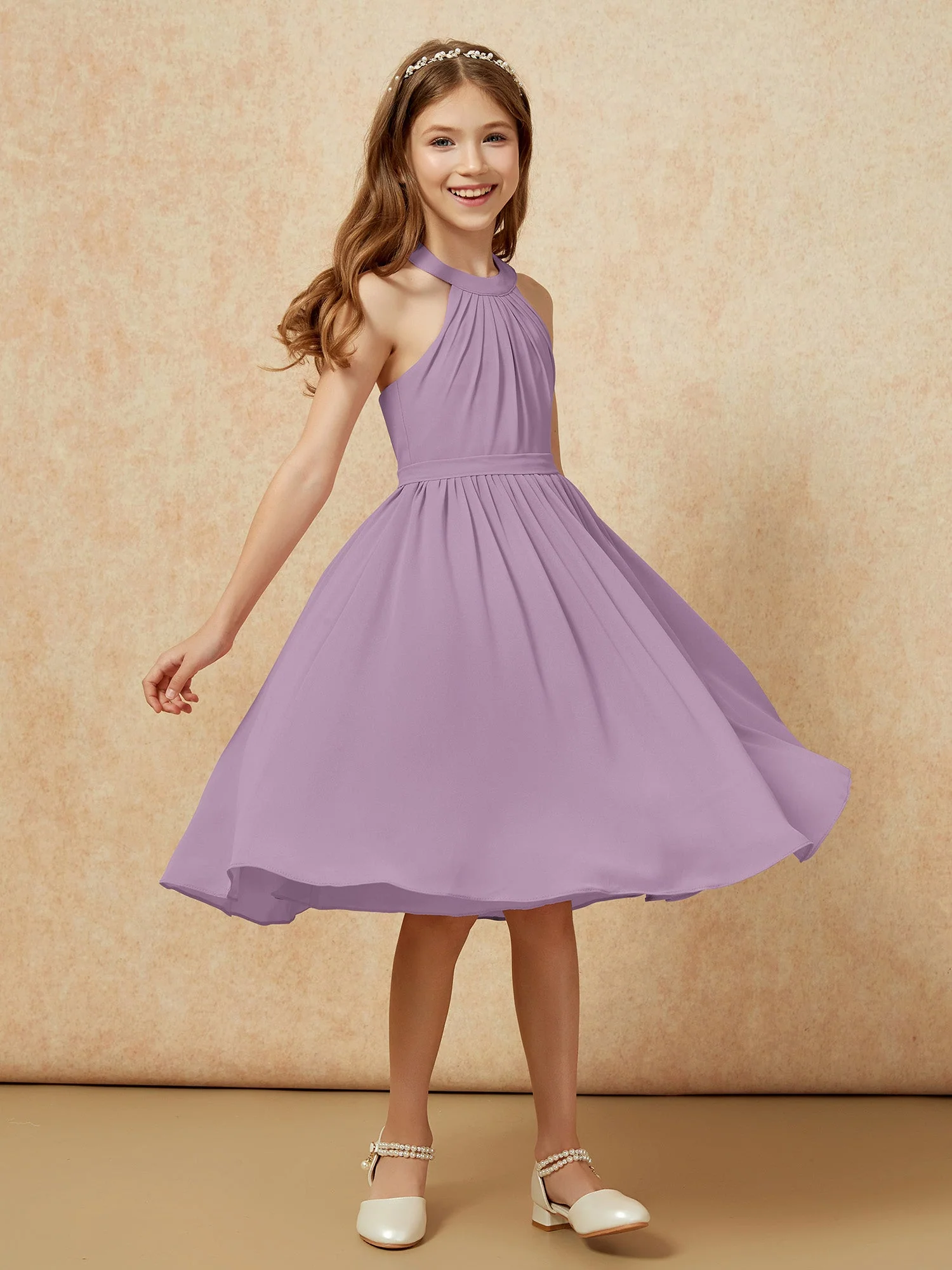 Griechischer Ausschnit Knielang Chiffon Junge Brautjungfernkleider Blauregen - Image 3