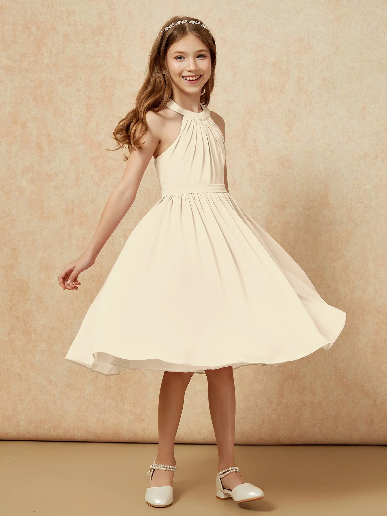 Griechischer Ausschnit Knielang Chiffon Junge Brautjungfernkleider Champagner - Image 3